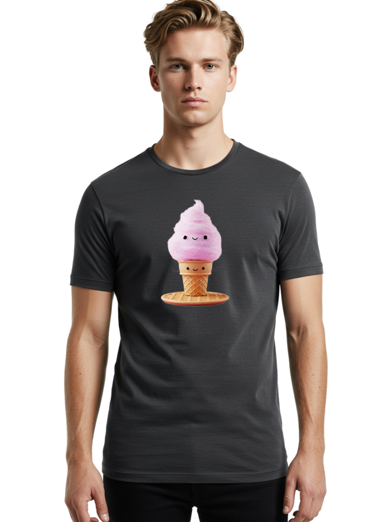 Pink-Ice-Cream-2 Men'S Graphic Tee, 100% Cotton, Comfortable Casual Summer Wear, Machine Washable, Pink Ice Cream, Soft Serve Ice Cream, Happy Face, Kawaii Design, Cute Dessert, Ice Cream Cone, Sweet Treat, Cartoon Character Bab169