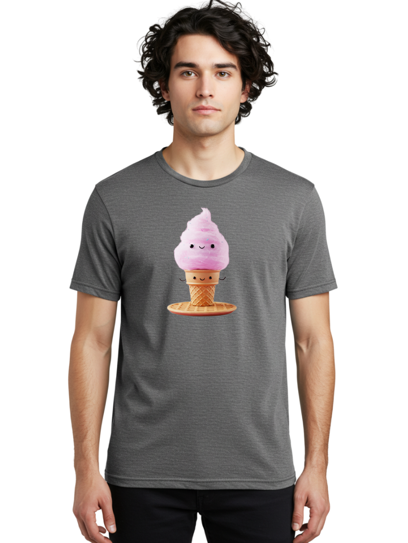 Pink-Ice-Cream-2 Men'S Graphic Tee, 100% Cotton, Comfortable Casual Summer Wear, Machine Washable, Pink Ice Cream, Soft Serve Ice Cream, Happy Face, Kawaii Design, Cute Dessert, Ice Cream Cone, Sweet Treat, Cartoon Character Bab169