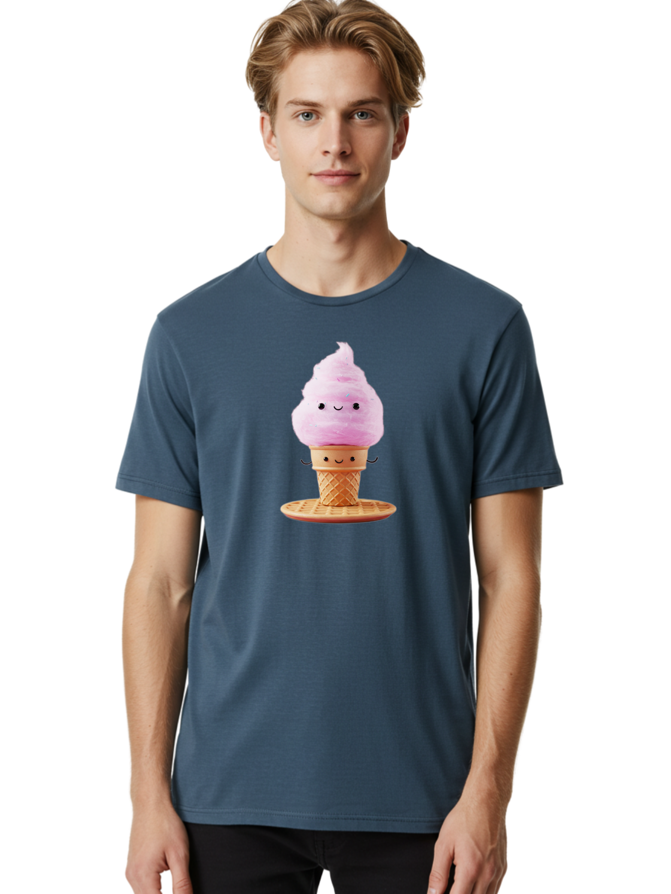 Pink-Ice-Cream-2 Men'S Graphic Tee, 100% Cotton, Comfortable Casual Summer Wear, Machine Washable, Pink Ice Cream, Soft Serve Ice Cream, Happy Face, Kawaii Design, Cute Dessert, Ice Cream Cone, Sweet Treat, Cartoon Character Bab169
