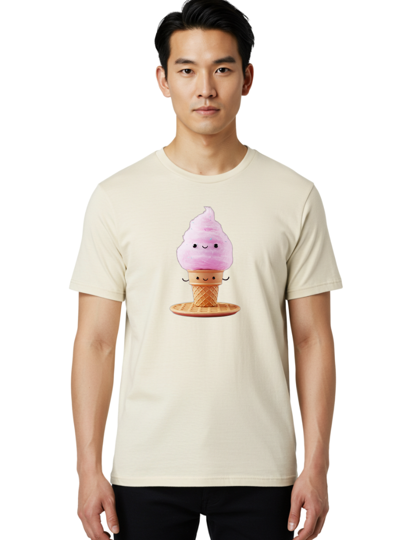 Pink-Ice-Cream-2 Men'S Graphic Tee, 100% Cotton, Comfortable Casual Summer Wear, Machine Washable, Pink Ice Cream, Soft Serve Ice Cream, Happy Face, Kawaii Design, Cute Dessert, Ice Cream Cone, Sweet Treat, Cartoon Character Bab169