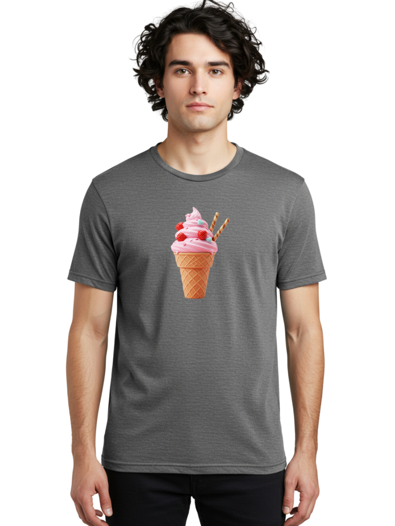Pink-Ice-Cream-Cone Men'S Graphic Tee, 100% Cotton, Comfortable Casual Summer Wear, Machine Washable, Pink Ice Cream, Ice Cream Cone, Waffle Cone, Soft-Serve Ice Cream, Sweet Treats, Frozen Dessert, Summer Fun, Colorful Sprinkles, Bab170