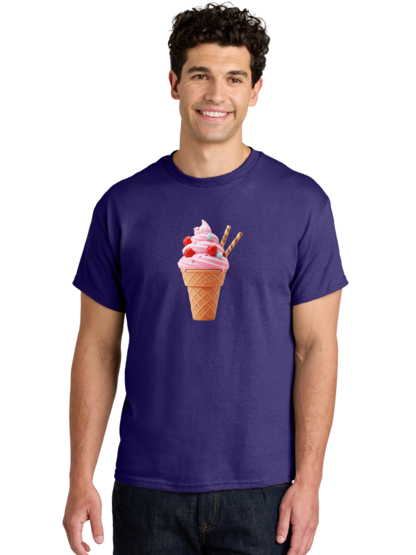 Pink-Ice-Cream-Cone Men'S Graphic Tee, 100% Cotton, Comfortable Casual Summer Wear, Machine Washable, Pink Ice Cream, Ice Cream Cone, Waffle Cone, Soft-Serve Ice Cream, Sweet Treats, Frozen Dessert, Summer Fun, Colorful Sprinkles, Bab170