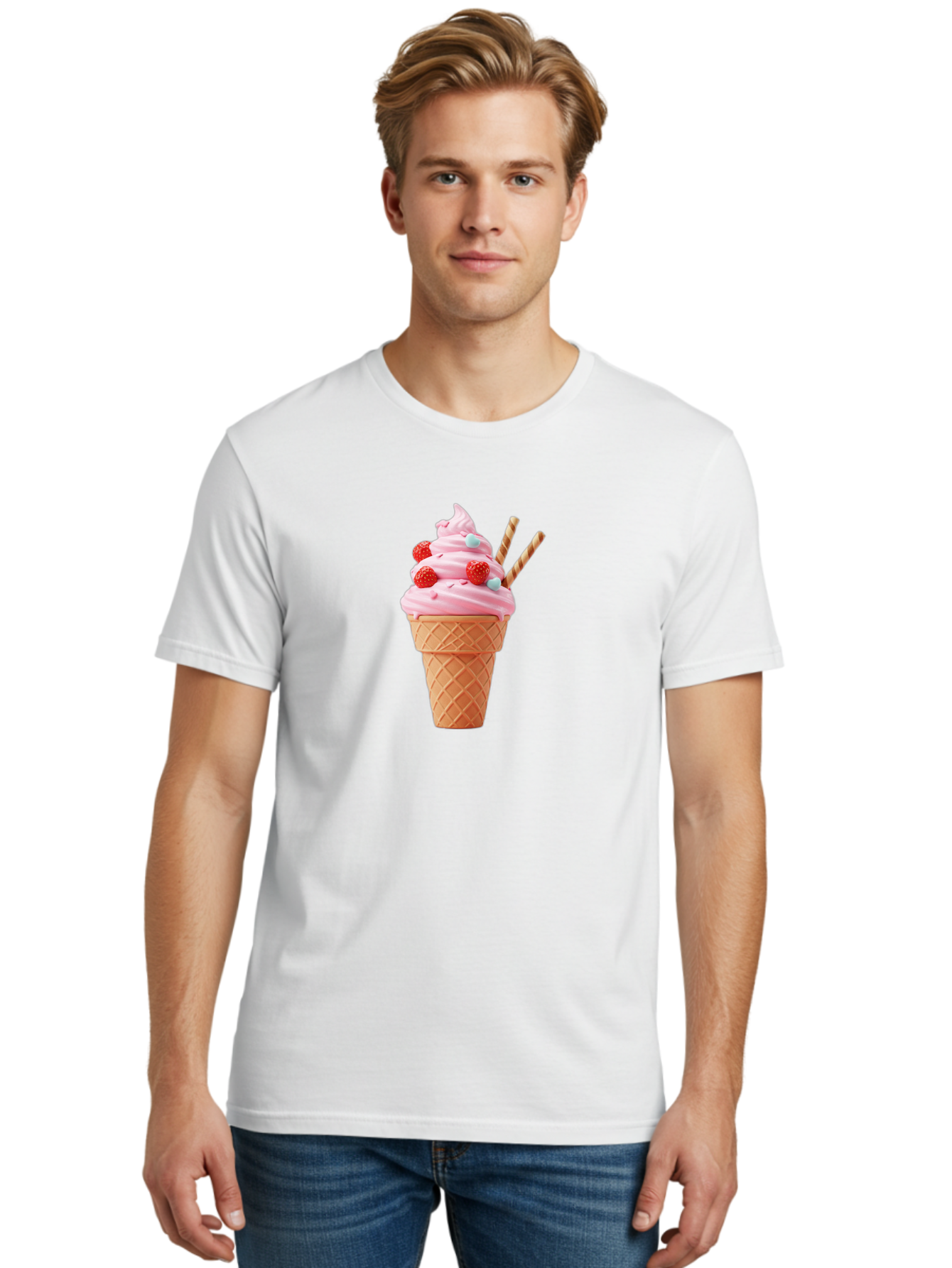 Pink-Ice-Cream-Cone Men'S Graphic Tee, 100% Cotton, Comfortable Casual Summer Wear, Machine Washable, Pink Ice Cream, Ice Cream Cone, Waffle Cone, Soft-Serve Ice Cream, Sweet Treats, Frozen Dessert, Summer Fun, Colorful Sprinkles, Bab170