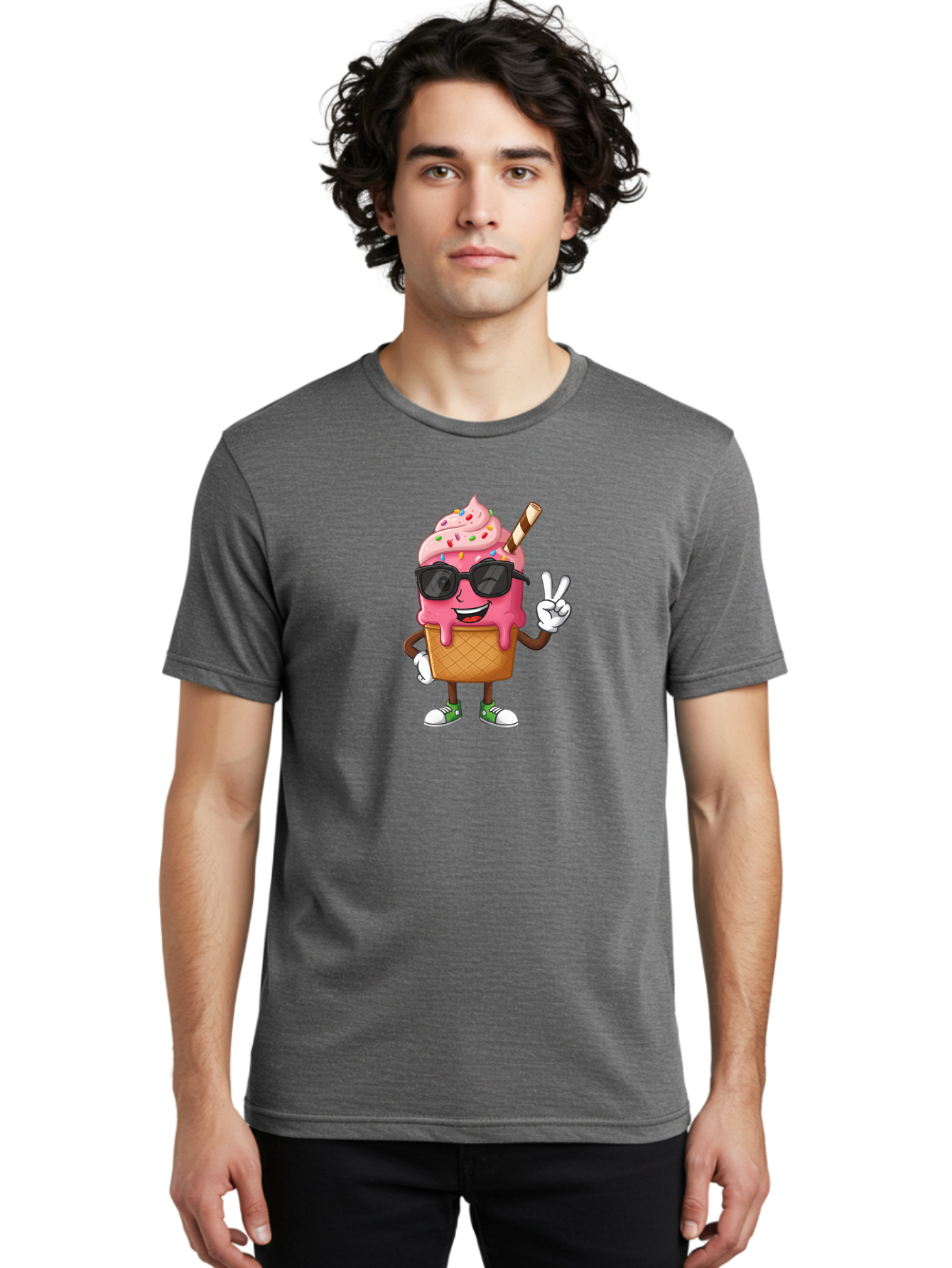 Pink-Ice-Cream Men'S Graphic Tee, 100% Cotton, Comfortable Casual Summer Wear, Machine Washable, Ice Cream Cone, Pink Ice Cream, Sprinkles, Sunglasses, Peace Sign, Cartoon Character, Sweet Treat, Summer Fun, Colorful Dessert, Fun Food, Tasty, Bab171