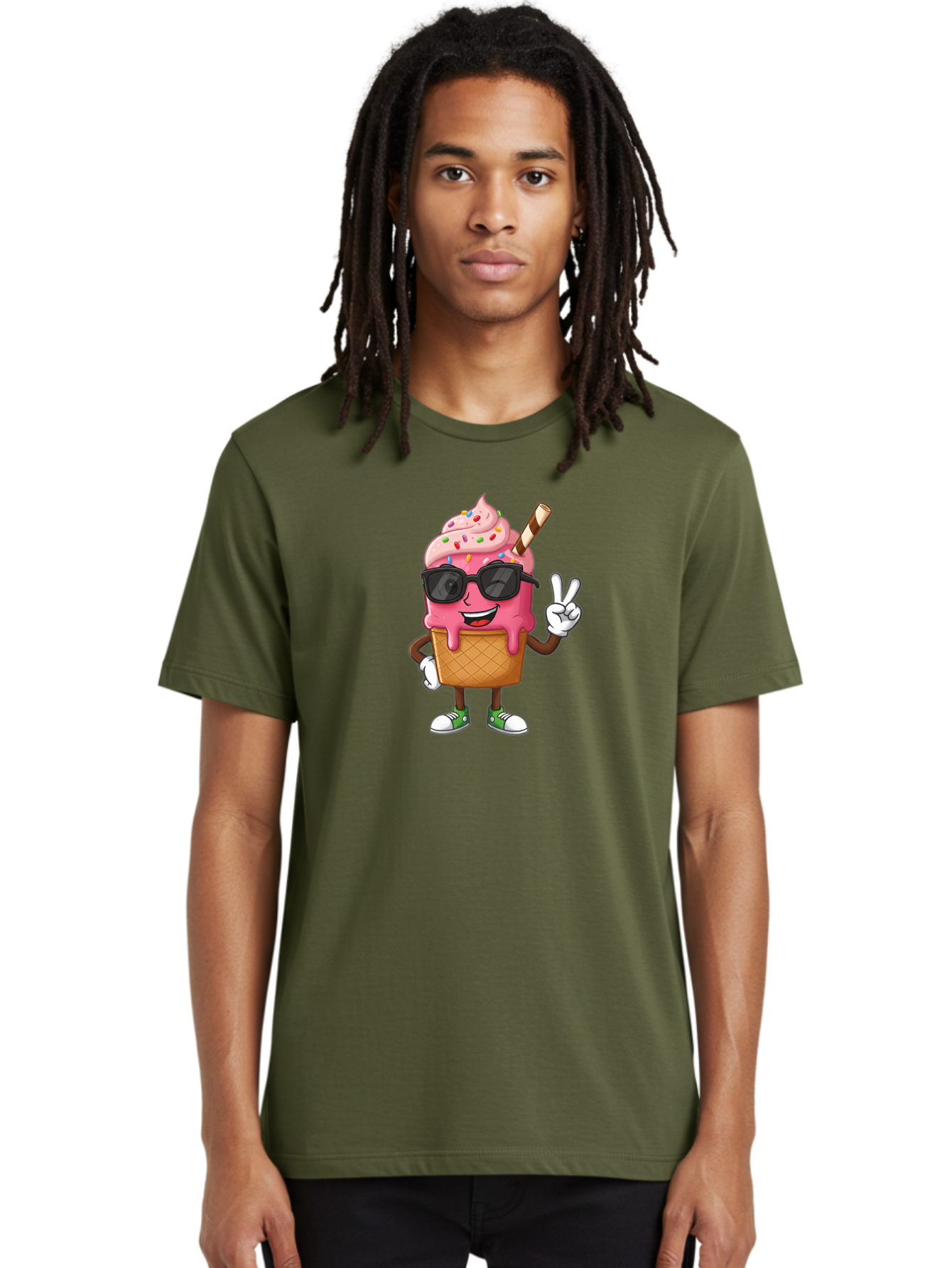 Pink-Ice-Cream Men'S Graphic Tee, 100% Cotton, Comfortable Casual Summer Wear, Machine Washable, Ice Cream Cone, Pink Ice Cream, Sprinkles, Sunglasses, Peace Sign, Cartoon Character, Sweet Treat, Summer Fun, Colorful Dessert, Fun Food, Tasty, Bab171