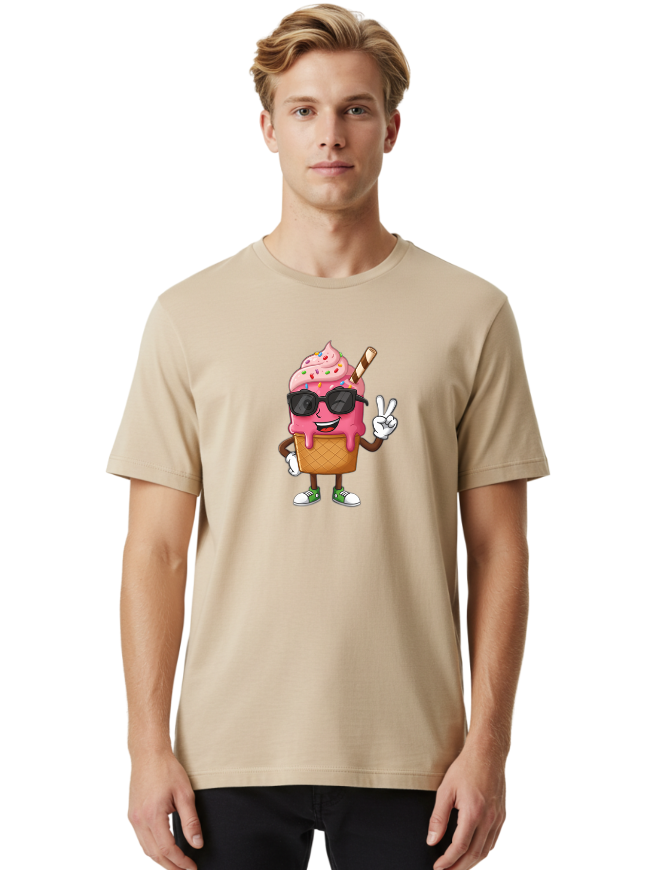 Pink-Ice-Cream Men'S Graphic Tee, 100% Cotton, Comfortable Casual Summer Wear, Machine Washable, Ice Cream Cone, Pink Ice Cream, Sprinkles, Sunglasses, Peace Sign, Cartoon Character, Sweet Treat, Summer Fun, Colorful Dessert, Fun Food, Tasty, Bab171