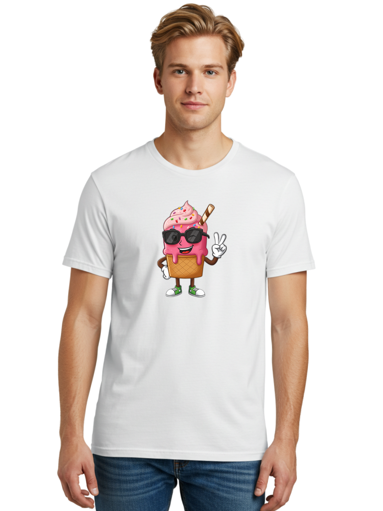 Pink-Ice-Cream Men'S Graphic Tee, 100% Cotton, Comfortable Casual Summer Wear, Machine Washable, Ice Cream Cone, Pink Ice Cream, Sprinkles, Sunglasses, Peace Sign, Cartoon Character, Sweet Treat, Summer Fun, Colorful Dessert, Fun Food, Tasty, Bab171