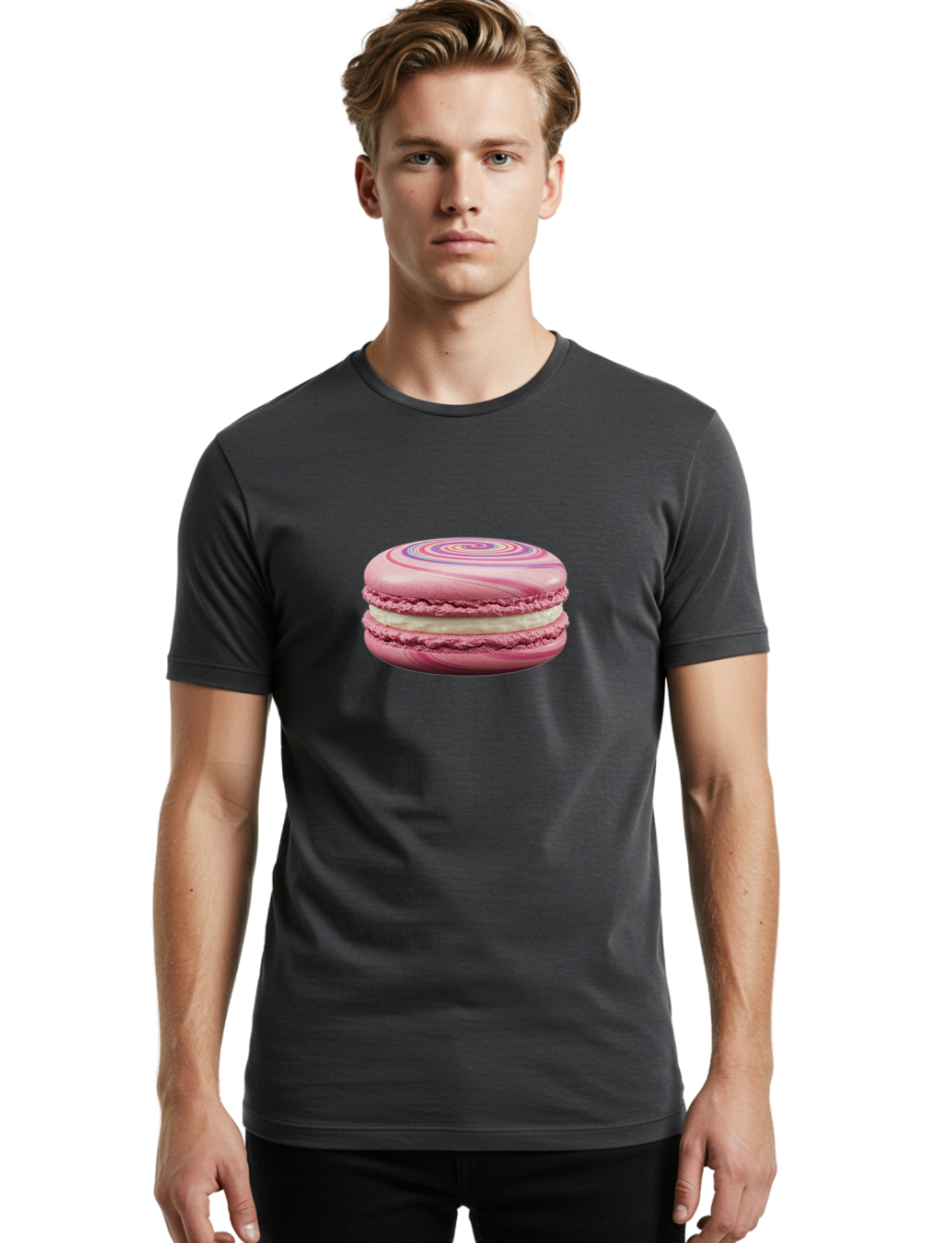Pink-Macaron-1 Men'S Graphic Tee, 100% Cotton, Comfortable Casual Summer Wear, Machine Washable, Pink Macaron, Swirly Design, White Filling, French Dessert, Sweet Treat, Meringue-Based Cookie, Pastel Colors, Bakery Item, Dessert Lover, Foodie Bab173