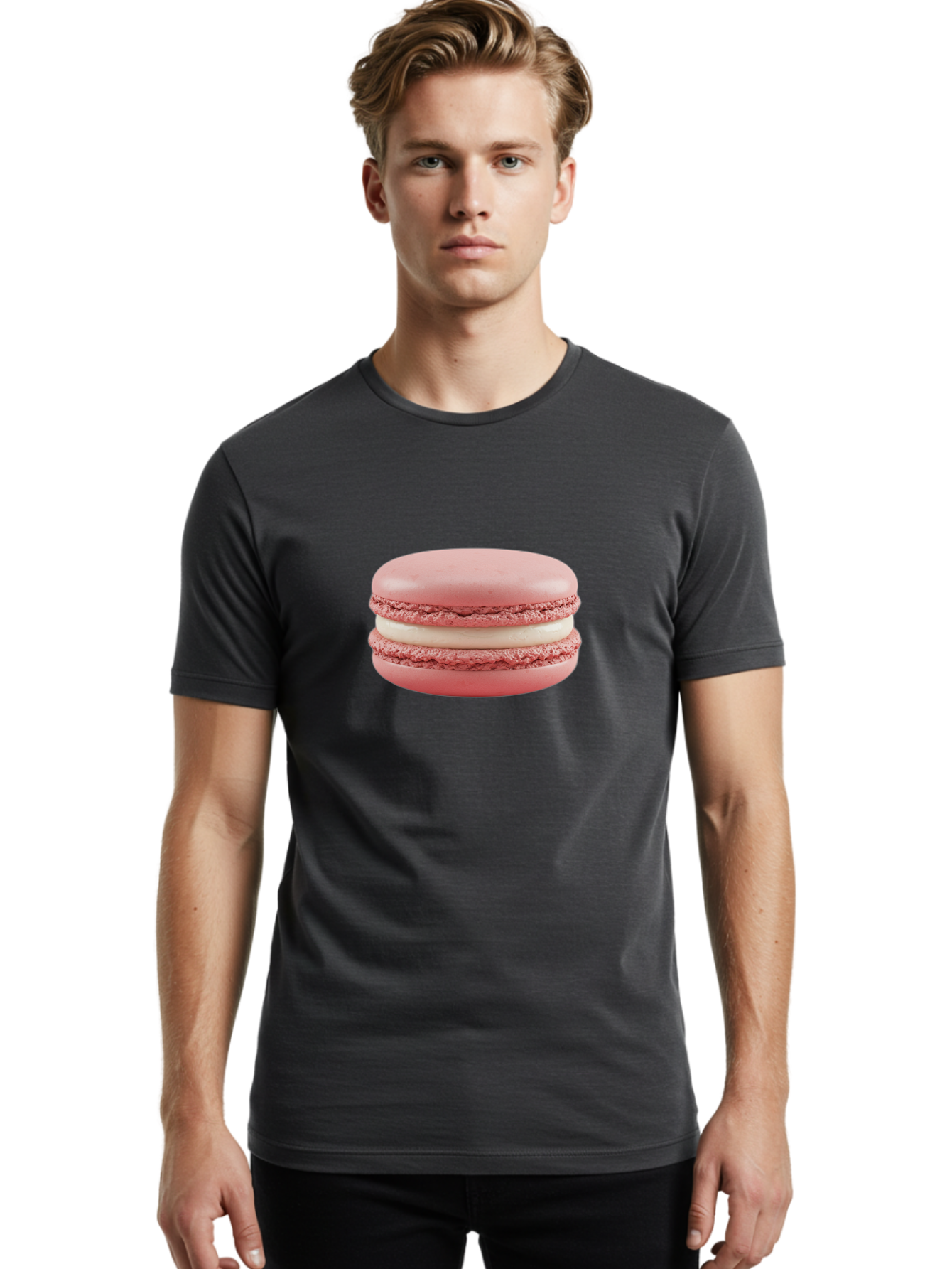 Pink-Macaron-7 Men'S Graphic Tee, 100% Cotton, Comfortable Casual Summer Wear, Machine Washable, Delicious Dessert, Sweet Treat, Pink Macaron, Creamy Filling, White Buttercream, French Pastry, Bakery Delight, Gourmet Dessert Bab179