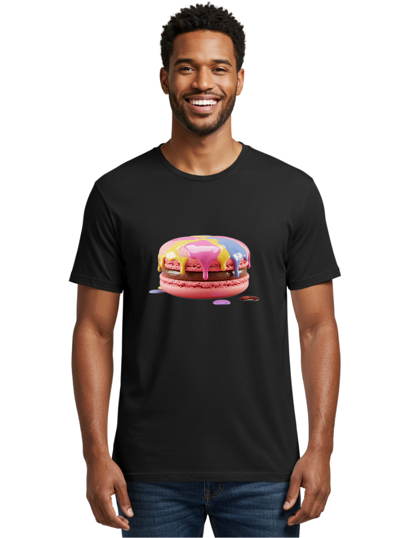 Pink-Macaron-9 Men'S Graphic Tee, 100% Cotton, Comfortable Casual Summer Wear, Machine Washable, Pink Macarons With Chocolate Ganache Filling, Pastel-Colored Icing, Colorful Dessert, Sweet Treats, Macaron Decorations, Dessert Art, Bab181