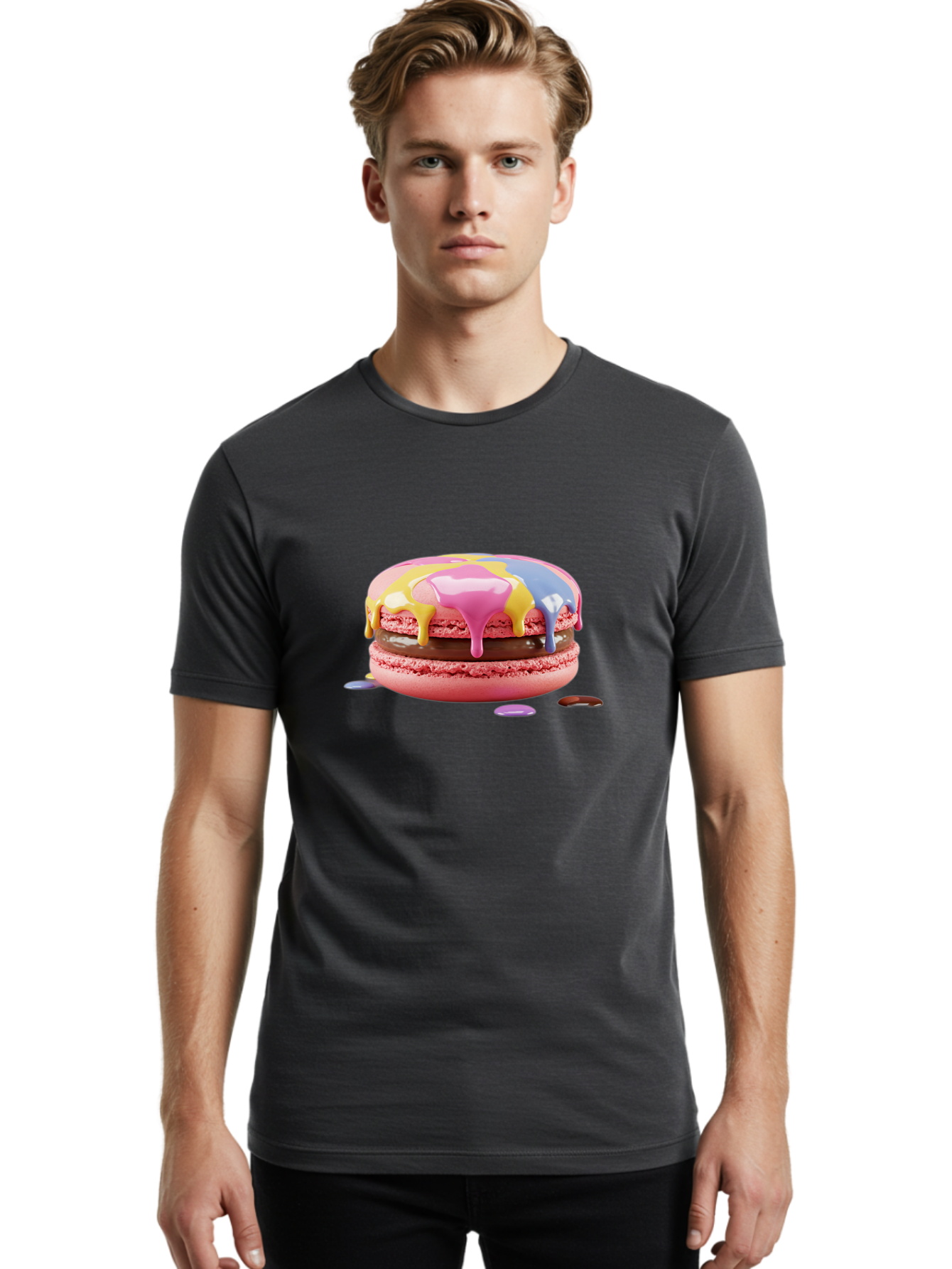 Pink-Macaron-9 Men'S Graphic Tee, 100% Cotton, Comfortable Casual Summer Wear, Machine Washable, Pink Macarons With Chocolate Ganache Filling, Pastel-Colored Icing, Colorful Dessert, Sweet Treats, Macaron Decorations, Dessert Art, Bab181