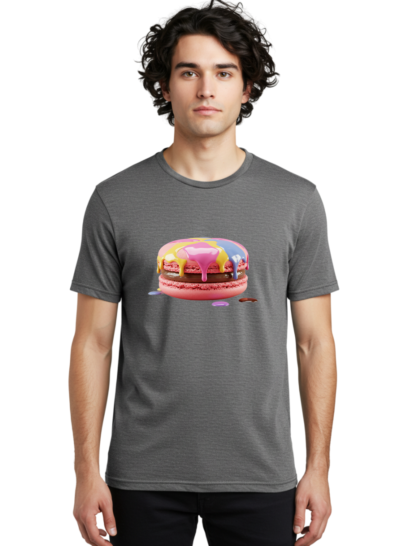 Pink-Macaron-9 Men'S Graphic Tee, 100% Cotton, Comfortable Casual Summer Wear, Machine Washable, Pink Macarons With Chocolate Ganache Filling, Pastel-Colored Icing, Colorful Dessert, Sweet Treats, Macaron Decorations, Dessert Art, Bab181