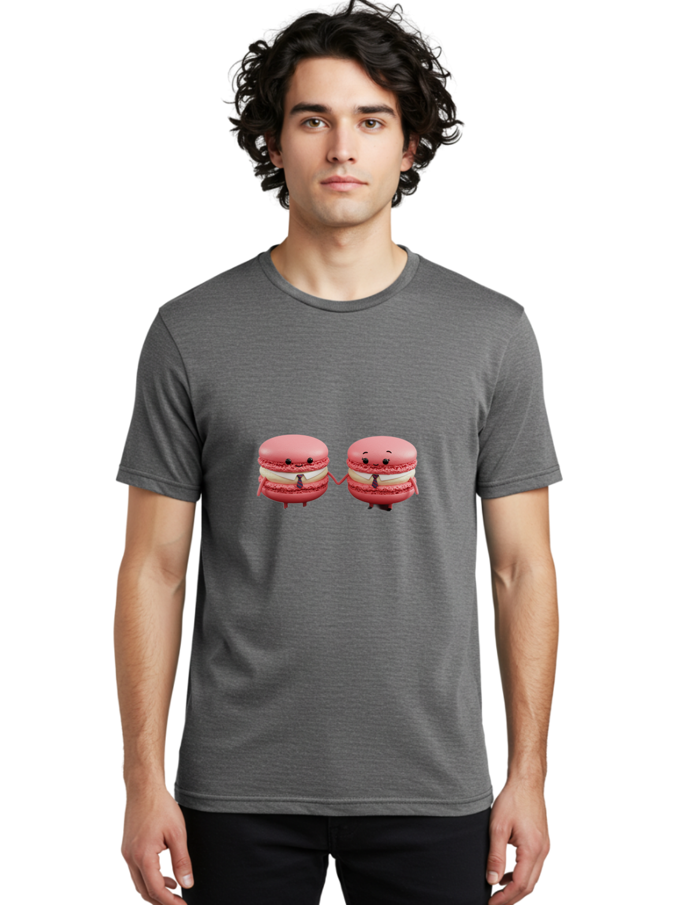 Pink-Macarons-2 Men'S Graphic Tee, 100% Cotton, Comfortable Casual Summer Wear, Machine Washable, Cartoon Macarons, Holding Hands, Anthropomorphic Desserts, Pink Macarons, White Filling, Adorable Characters, Funny Expressions, Bab185