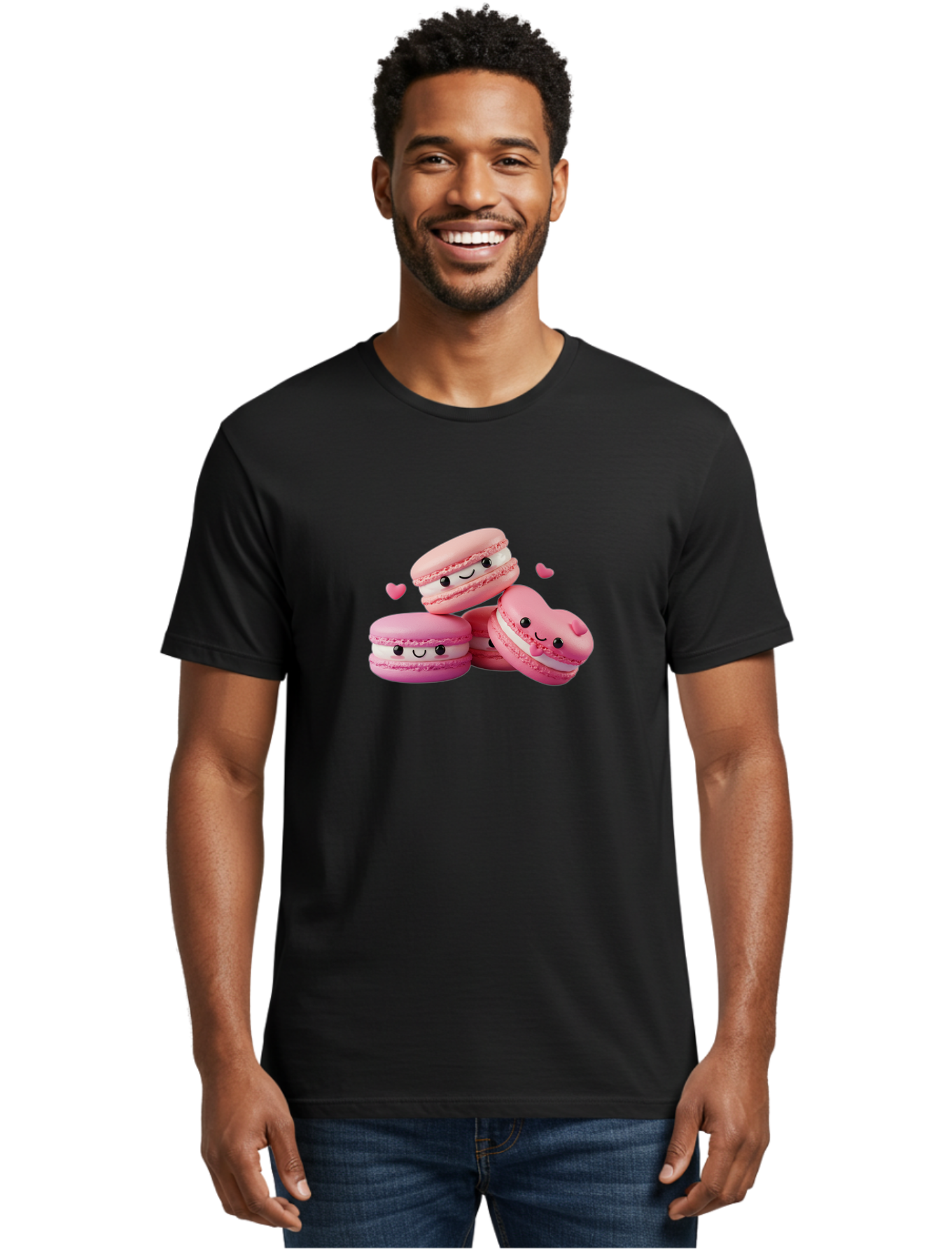 Pink-Macarons-With-Faces Men'S Graphic Tee, 100% Cotton, Comfortable Casual Summer Wear, Machine Washable, Pink Macarons, Smiling Faces, Black Eyes, Cute Desserts, Sweet Treats, Kawaii Food, Pastel Colors, Heart-Shaped Macaron Bab187
