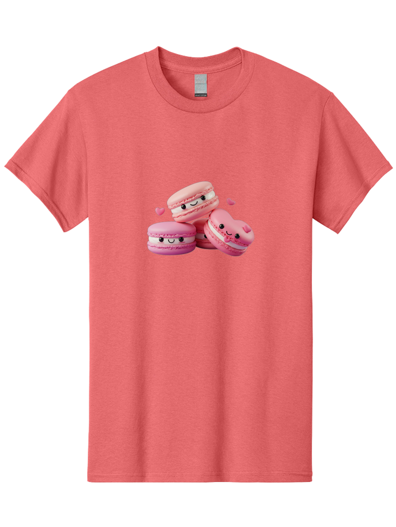 Pink-Macarons-With-Faces Men'S Graphic Tee, 100% Cotton, Comfortable Casual Summer Wear, Machine Washable, Pink Macarons, Smiling Faces, Black Eyes, Cute Desserts, Sweet Treats, Kawaii Food, Pastel Colors, Heart-Shaped Macaron Bab187