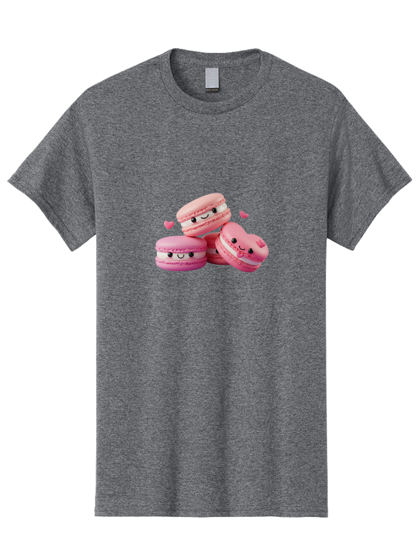 Pink-Macarons-With-Faces Men'S Graphic Tee, 100% Cotton, Comfortable Casual Summer Wear, Machine Washable, Pink Macarons, Smiling Faces, Black Eyes, Cute Desserts, Sweet Treats, Kawaii Food, Pastel Colors, Heart-Shaped Macaron Bab187