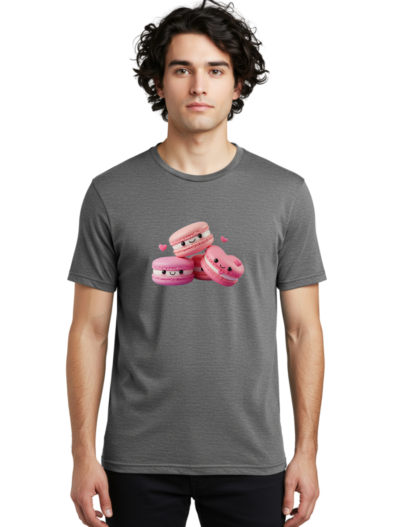 Pink-Macarons-With-Faces Men'S Graphic Tee, 100% Cotton, Comfortable Casual Summer Wear, Machine Washable, Pink Macarons, Smiling Faces, Black Eyes, Cute Desserts, Sweet Treats, Kawaii Food, Pastel Colors, Heart-Shaped Macaron Bab187