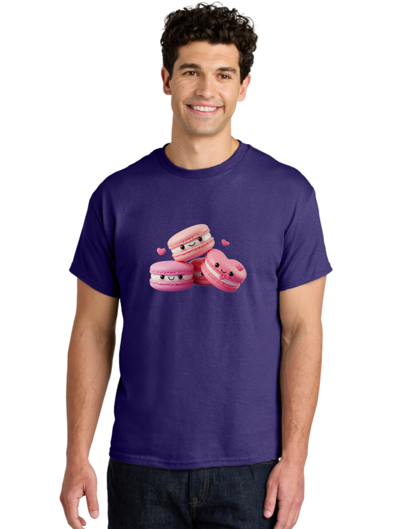 Pink-Macarons-With-Faces Men'S Graphic Tee, 100% Cotton, Comfortable Casual Summer Wear, Machine Washable, Pink Macarons, Smiling Faces, Black Eyes, Cute Desserts, Sweet Treats, Kawaii Food, Pastel Colors, Heart-Shaped Macaron Bab187