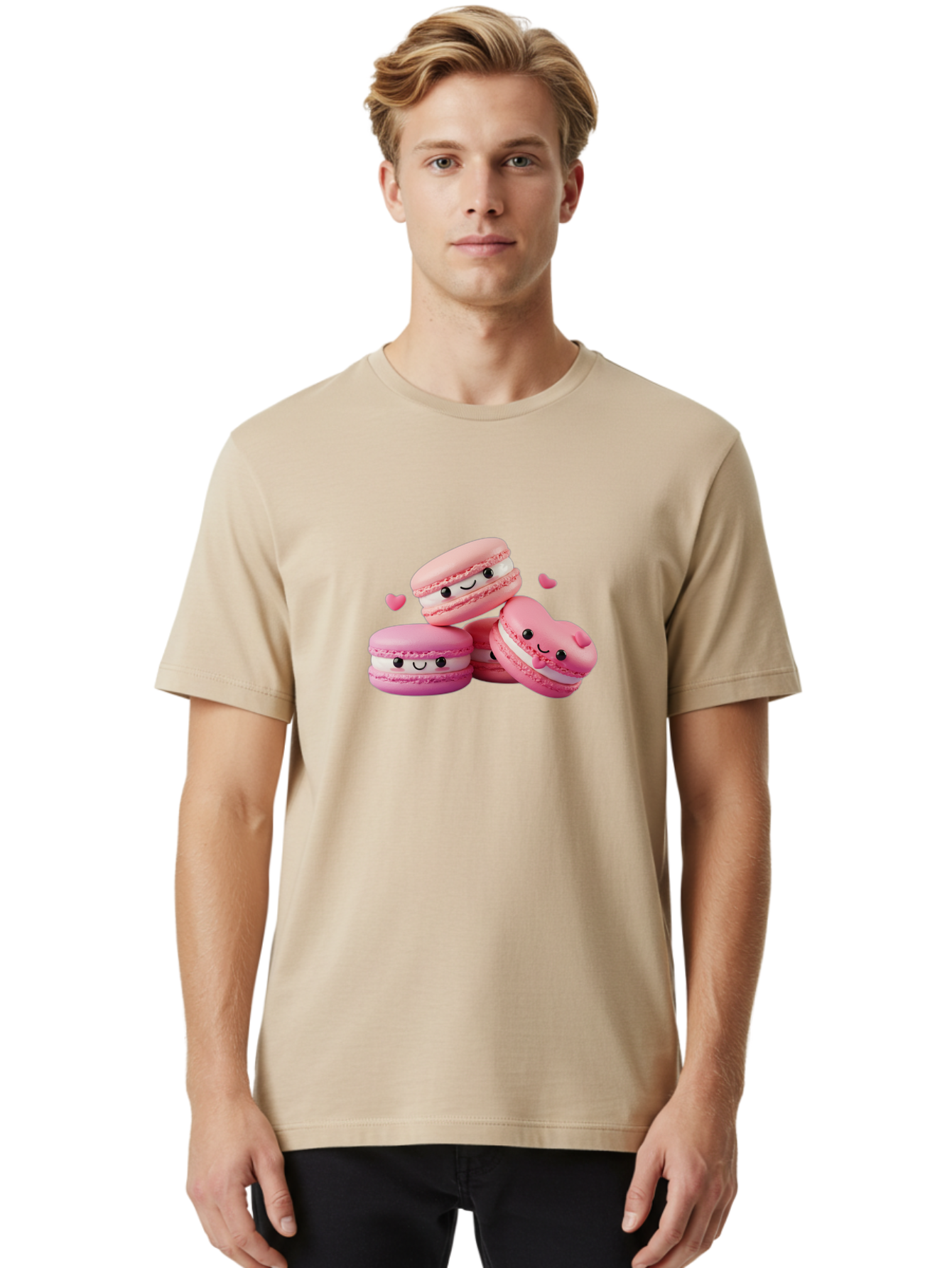 Pink-Macarons-With-Faces Men'S Graphic Tee, 100% Cotton, Comfortable Casual Summer Wear, Machine Washable, Pink Macarons, Smiling Faces, Black Eyes, Cute Desserts, Sweet Treats, Kawaii Food, Pastel Colors, Heart-Shaped Macaron Bab187