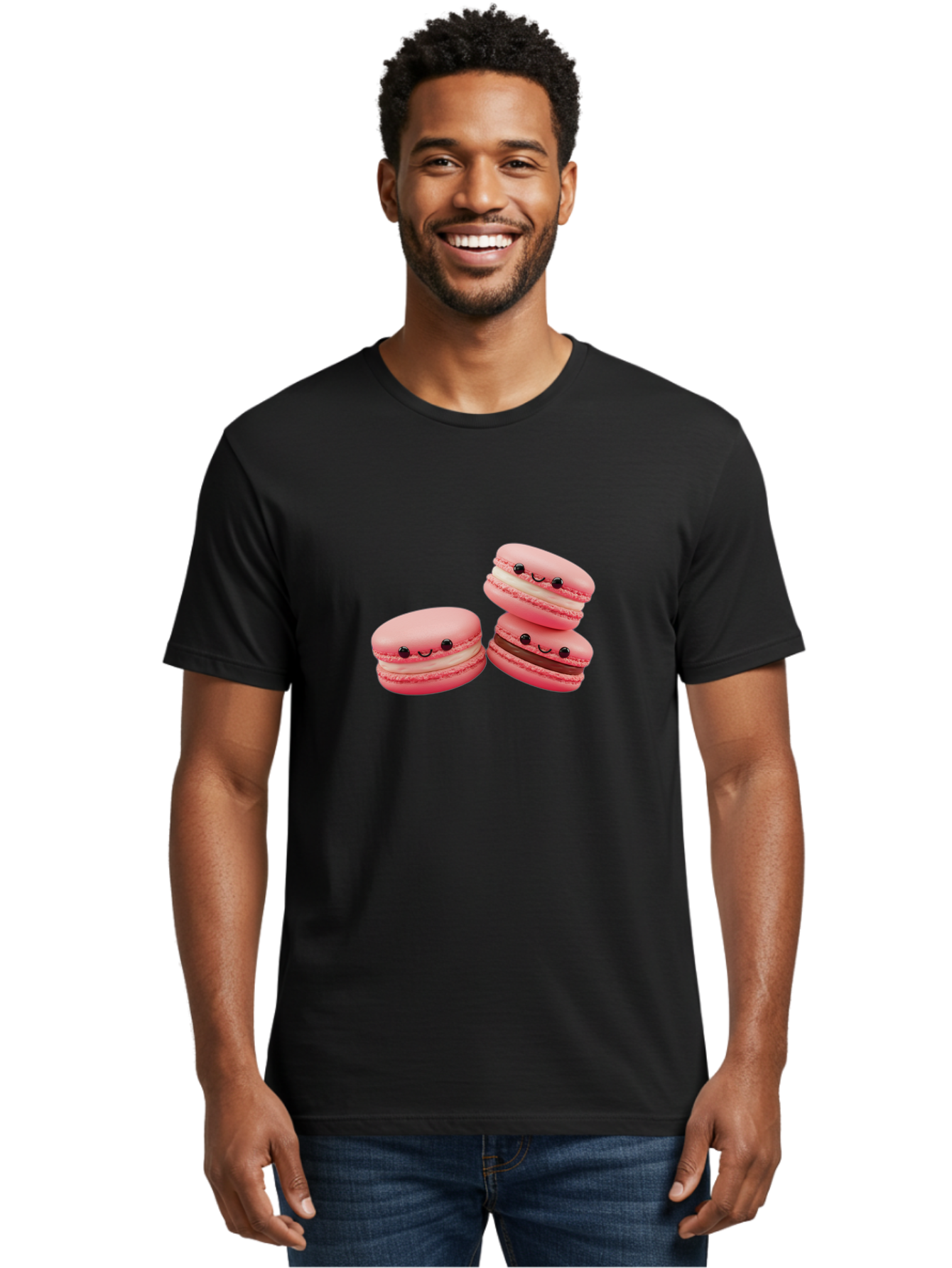 Pink-Macarons Men'S Graphic Tee, 100% Cotton, Comfortable Casual Summer Wear, Machine Washable, Pink Macarons, Sweet Treats, Dessert, French Pastry, Cute, Adorable, Smiling Macarons, Macaron Stack, Vanilla, Chocolate Filling, Bakery Delights Bab188