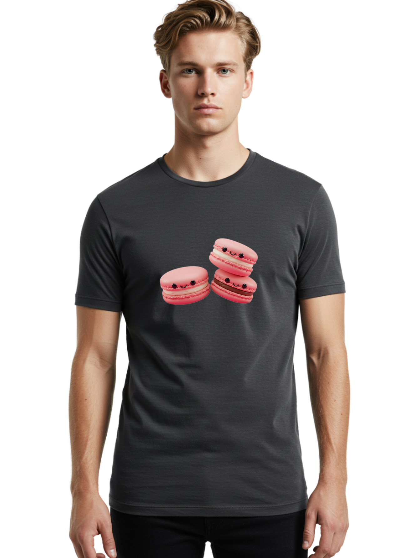 Pink-Macarons Men'S Graphic Tee, 100% Cotton, Comfortable Casual Summer Wear, Machine Washable, Pink Macarons, Sweet Treats, Dessert, French Pastry, Cute, Adorable, Smiling Macarons, Macaron Stack, Vanilla, Chocolate Filling, Bakery Delights Bab188