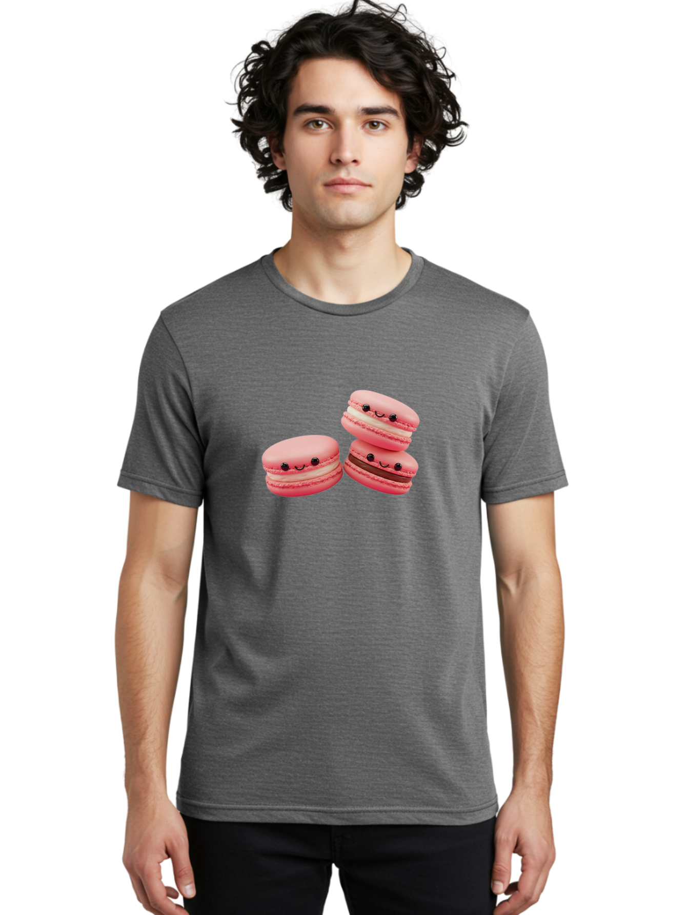Pink-Macarons Men'S Graphic Tee, 100% Cotton, Comfortable Casual Summer Wear, Machine Washable, Pink Macarons, Sweet Treats, Dessert, French Pastry, Cute, Adorable, Smiling Macarons, Macaron Stack, Vanilla, Chocolate Filling, Bakery Delights Bab188