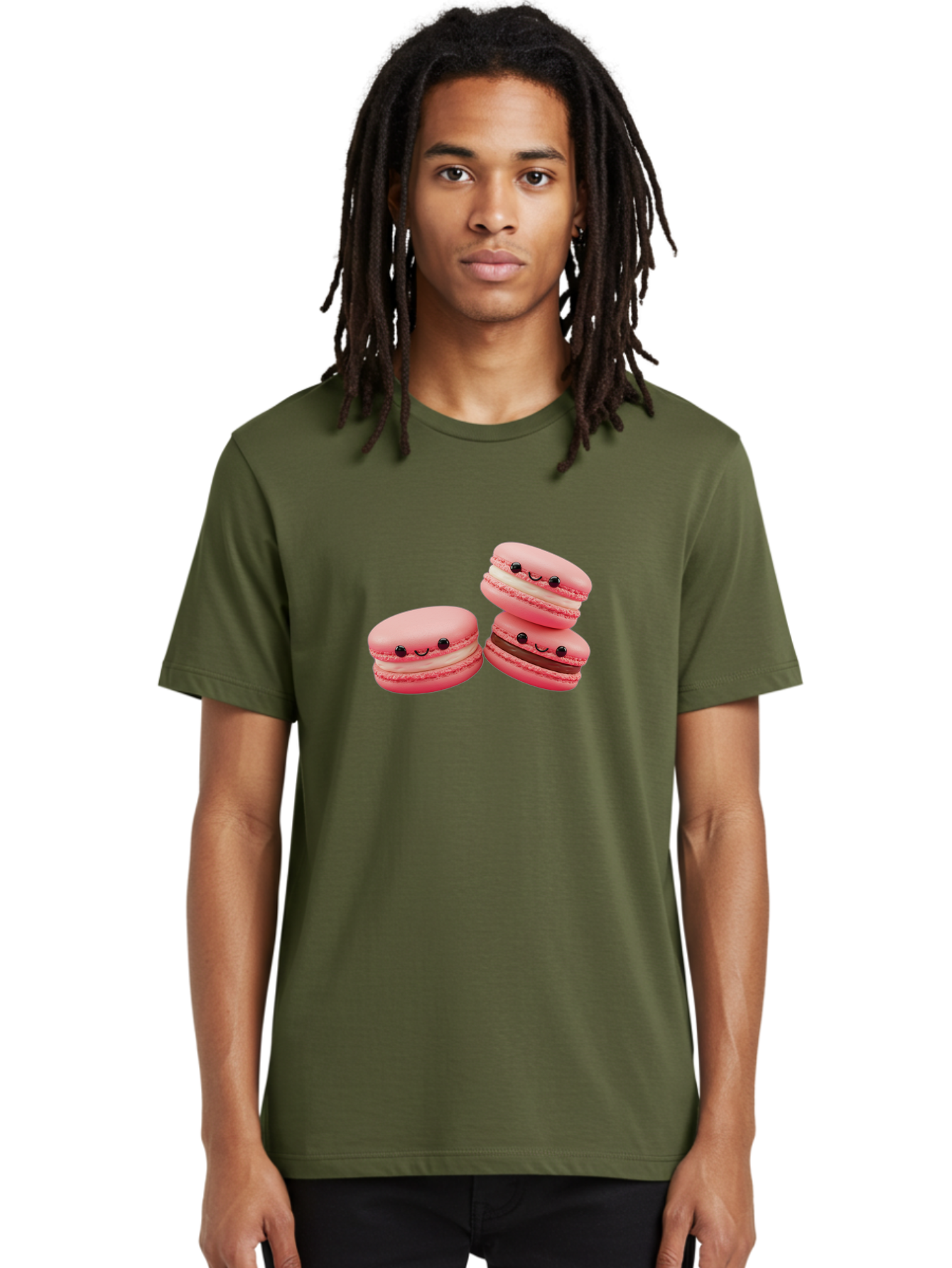 Pink-Macarons Men'S Graphic Tee, 100% Cotton, Comfortable Casual Summer Wear, Machine Washable, Pink Macarons, Sweet Treats, Dessert, French Pastry, Cute, Adorable, Smiling Macarons, Macaron Stack, Vanilla, Chocolate Filling, Bakery Delights Bab188