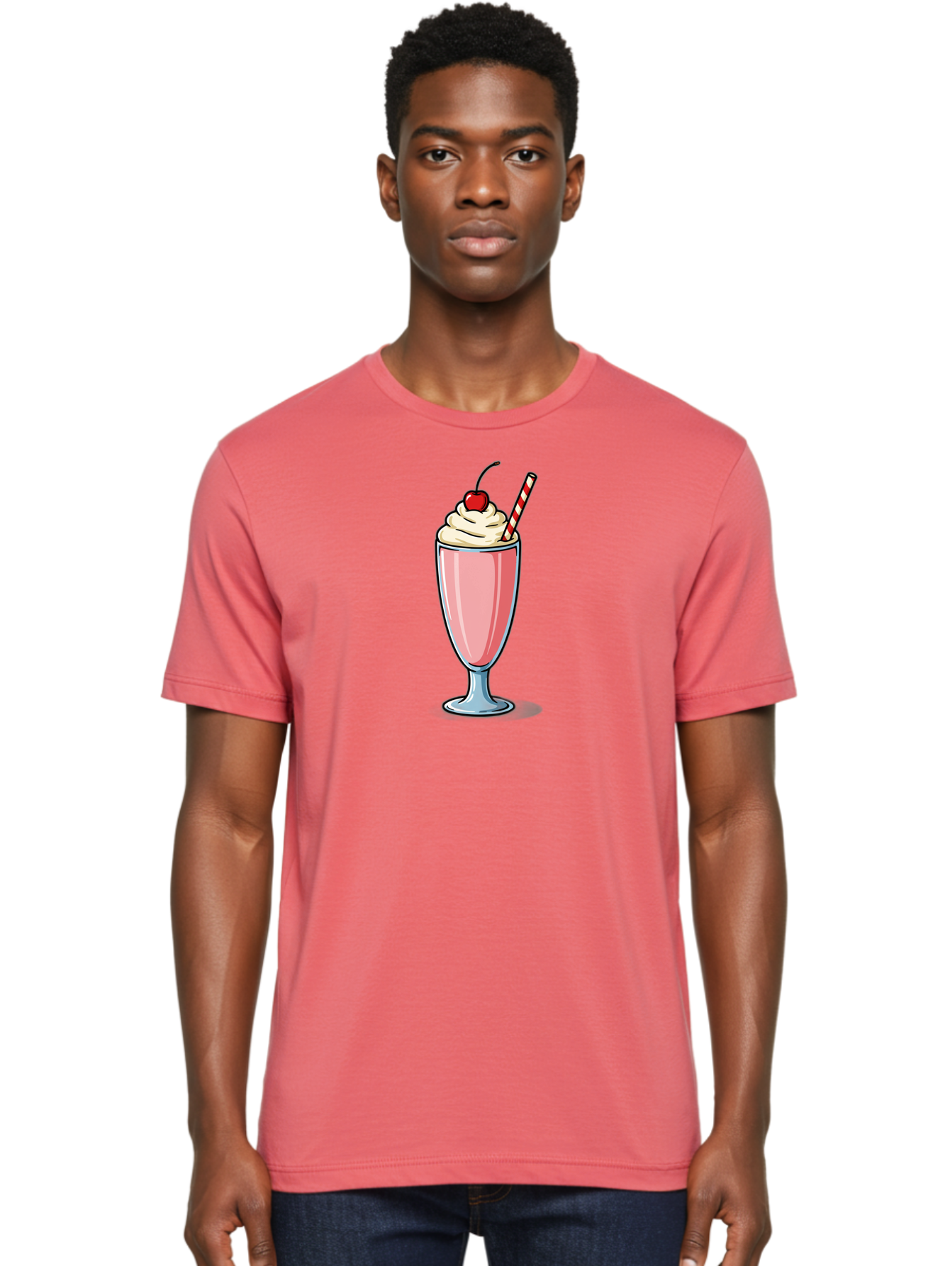 Pink-Milkshake Men'S Graphic Tee, 100% Cotton, Comfortable Casual Summer Wear, Machine Washable, Strawberry Milkshake, Whipped Cream, Cherry On Top, Red And White Straw, Sweet Treat, Creamy Texture, Pink Color, Glass Cup, Dessert, Bab190