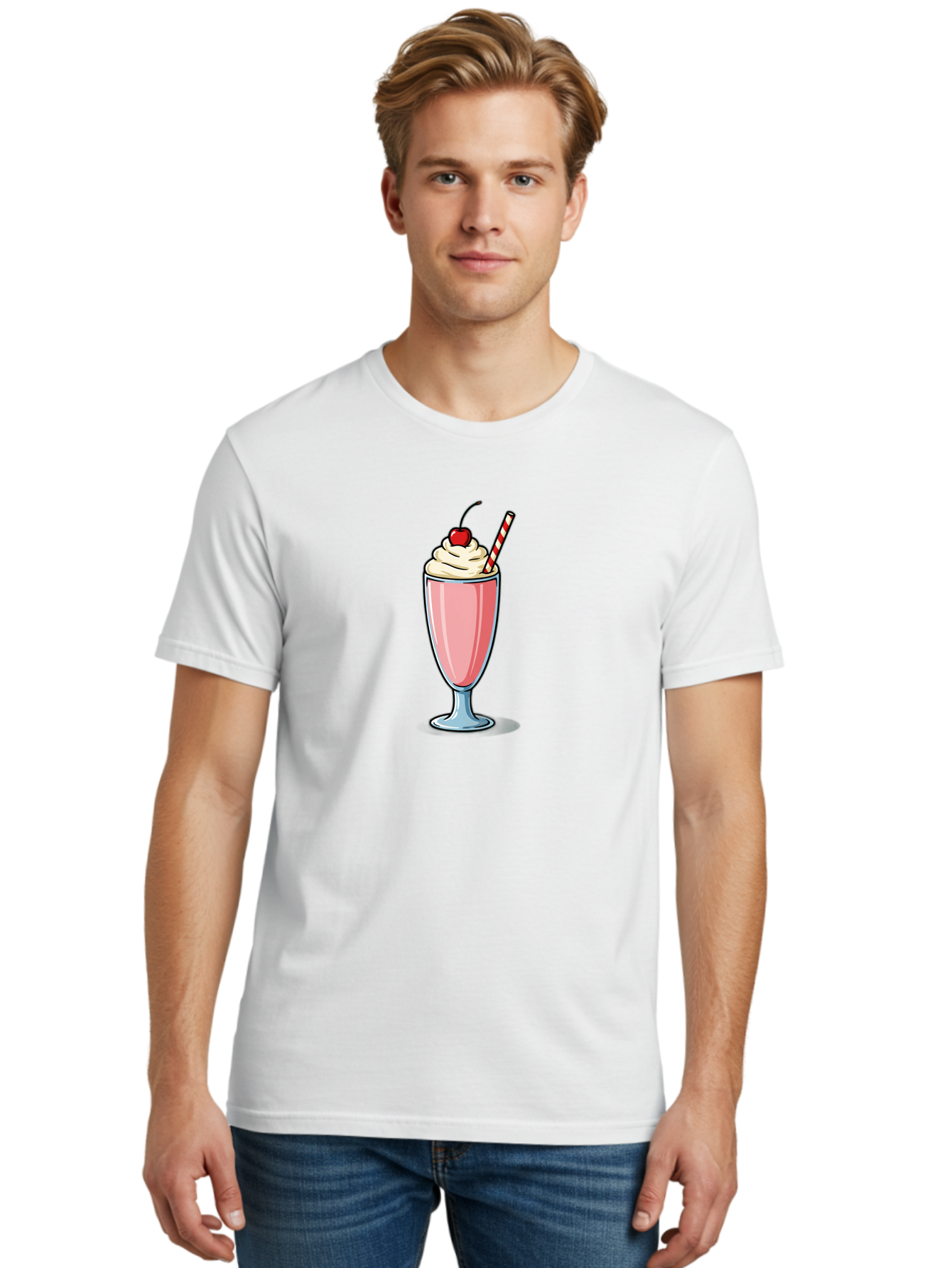 Pink-Milkshake Men'S Graphic Tee, 100% Cotton, Comfortable Casual Summer Wear, Machine Washable, Strawberry Milkshake, Whipped Cream, Cherry On Top, Red And White Straw, Sweet Treat, Creamy Texture, Pink Color, Glass Cup, Dessert, Bab190