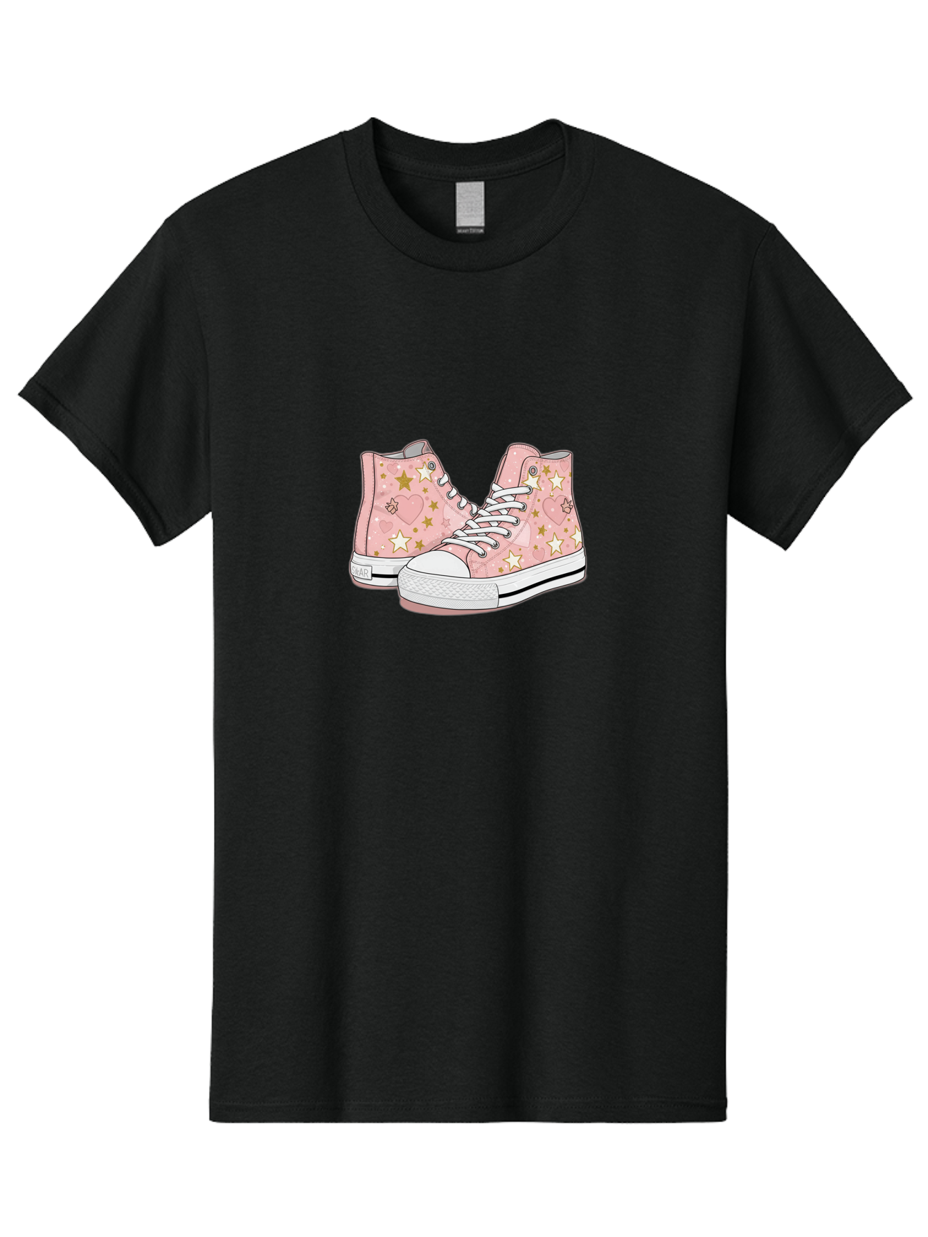 Pink-Star-Converse Men'S Graphic Tee, 100% Cotton, Comfortable Casual Summer Wear, Machine Washable, Pink Converse Sneakers, Star Pattern, Heart Design, White Laces, Fashion Footwear, Casual Style, Sneakers With Hearts, Star-Themed Shoes, Bab194