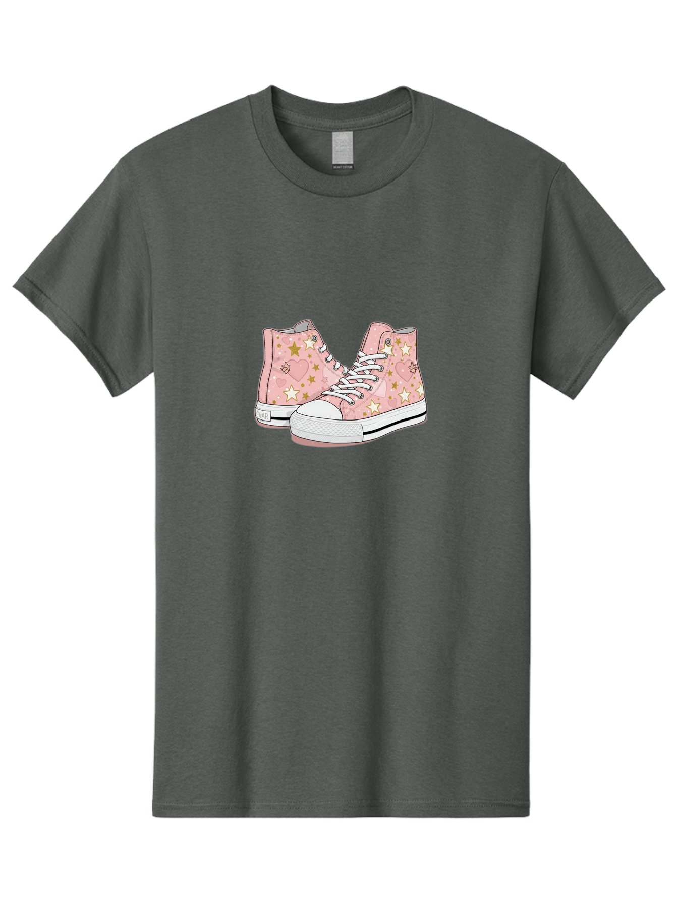 Pink-Star-Converse Men'S Graphic Tee, 100% Cotton, Comfortable Casual Summer Wear, Machine Washable, Pink Converse Sneakers, Star Pattern, Heart Design, White Laces, Fashion Footwear, Casual Style, Sneakers With Hearts, Star-Themed Shoes, Bab194