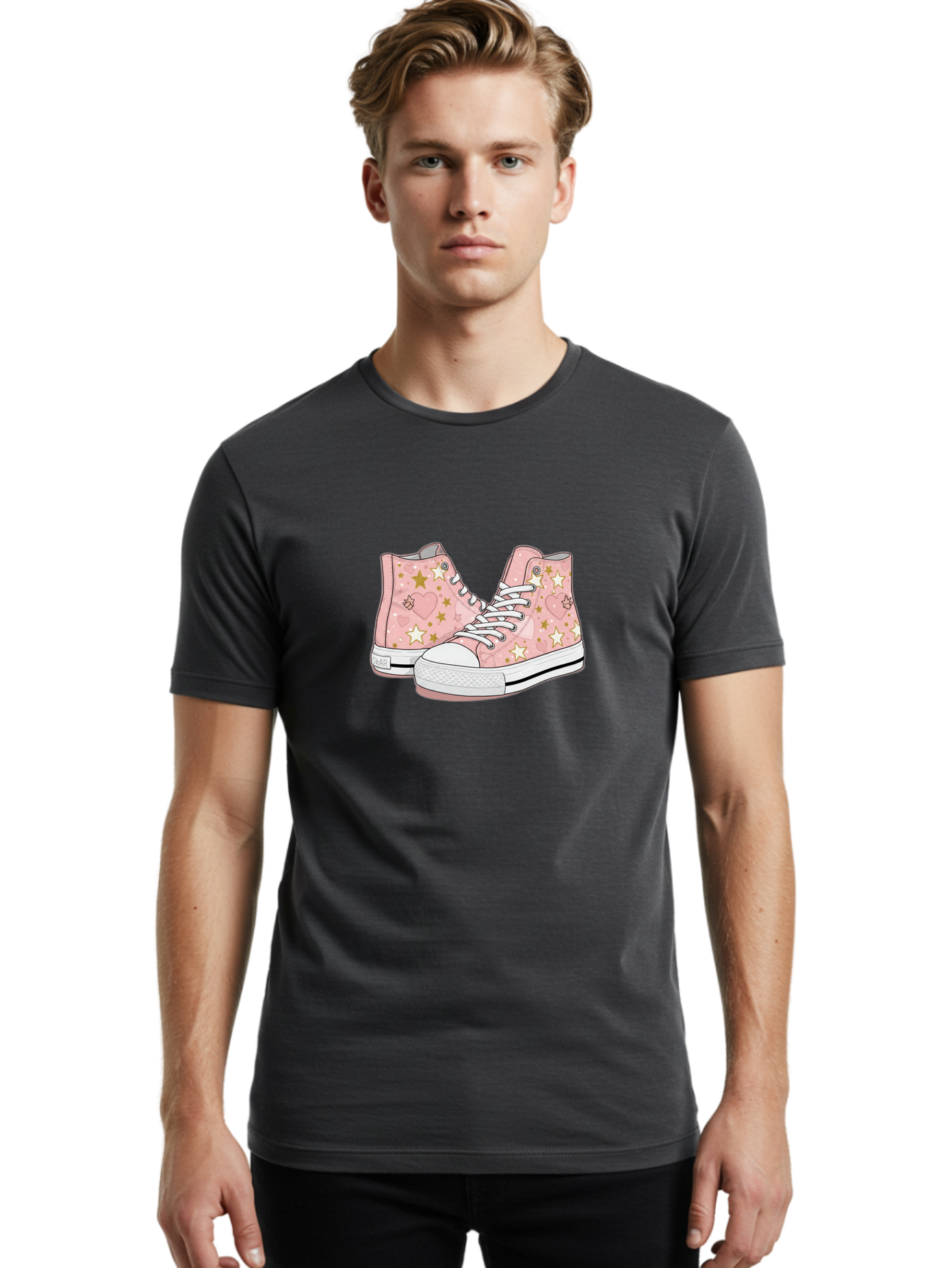 Pink-Star-Converse Men'S Graphic Tee, 100% Cotton, Comfortable Casual Summer Wear, Machine Washable, Pink Converse Sneakers, Star Pattern, Heart Design, White Laces, Fashion Footwear, Casual Style, Sneakers With Hearts, Star-Themed Shoes, Bab194