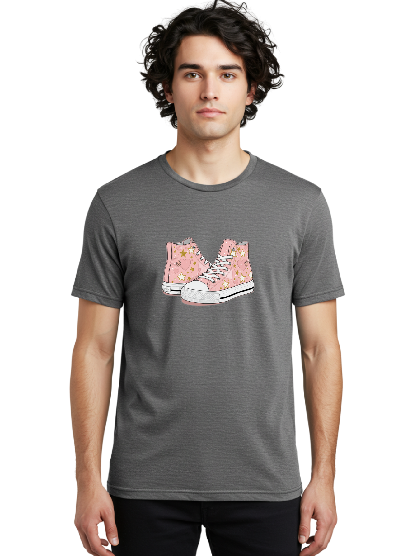 Pink-Star-Converse Men'S Graphic Tee, 100% Cotton, Comfortable Casual Summer Wear, Machine Washable, Pink Converse Sneakers, Star Pattern, Heart Design, White Laces, Fashion Footwear, Casual Style, Sneakers With Hearts, Star-Themed Shoes, Bab194
