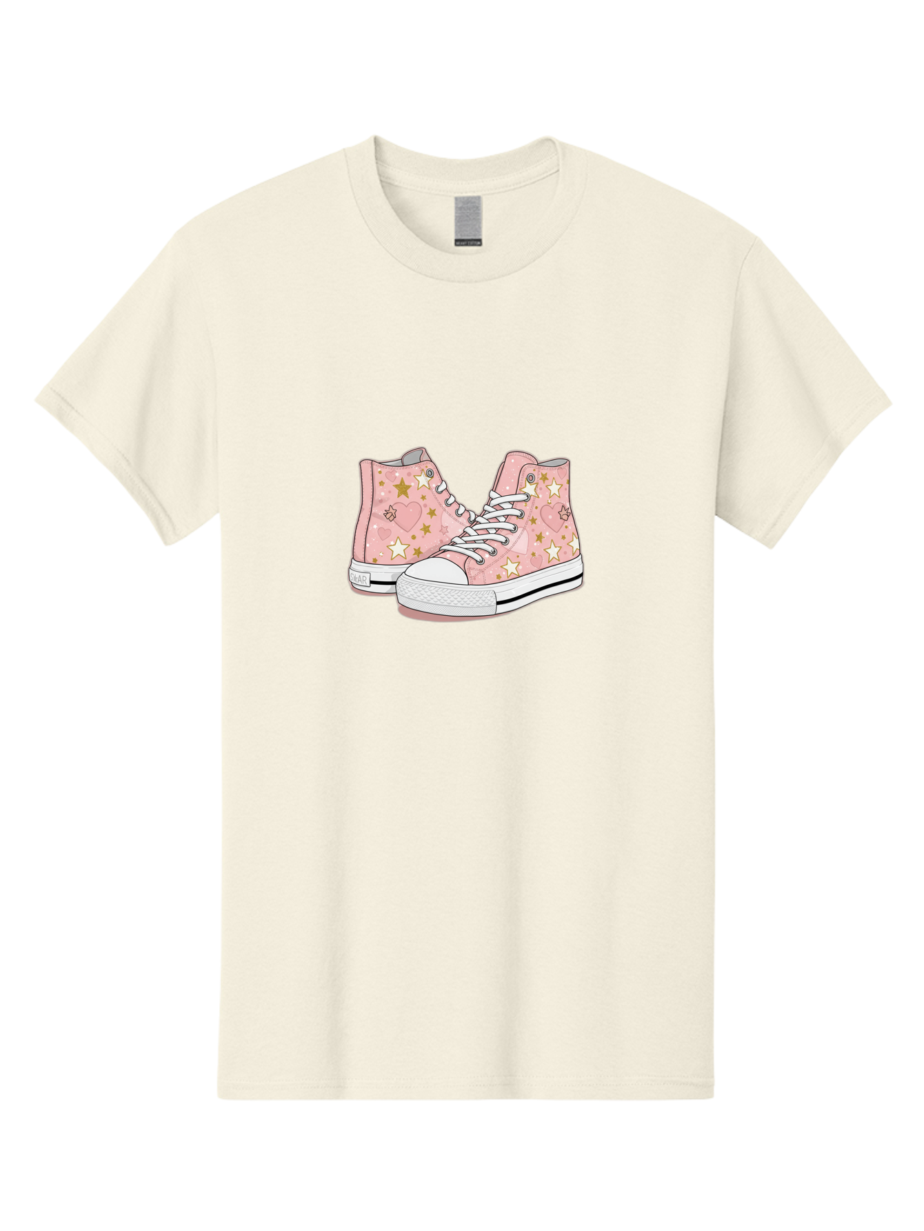 Pink-Star-Converse Men'S Graphic Tee, 100% Cotton, Comfortable Casual Summer Wear, Machine Washable, Pink Converse Sneakers, Star Pattern, Heart Design, White Laces, Fashion Footwear, Casual Style, Sneakers With Hearts, Star-Themed Shoes, Bab194