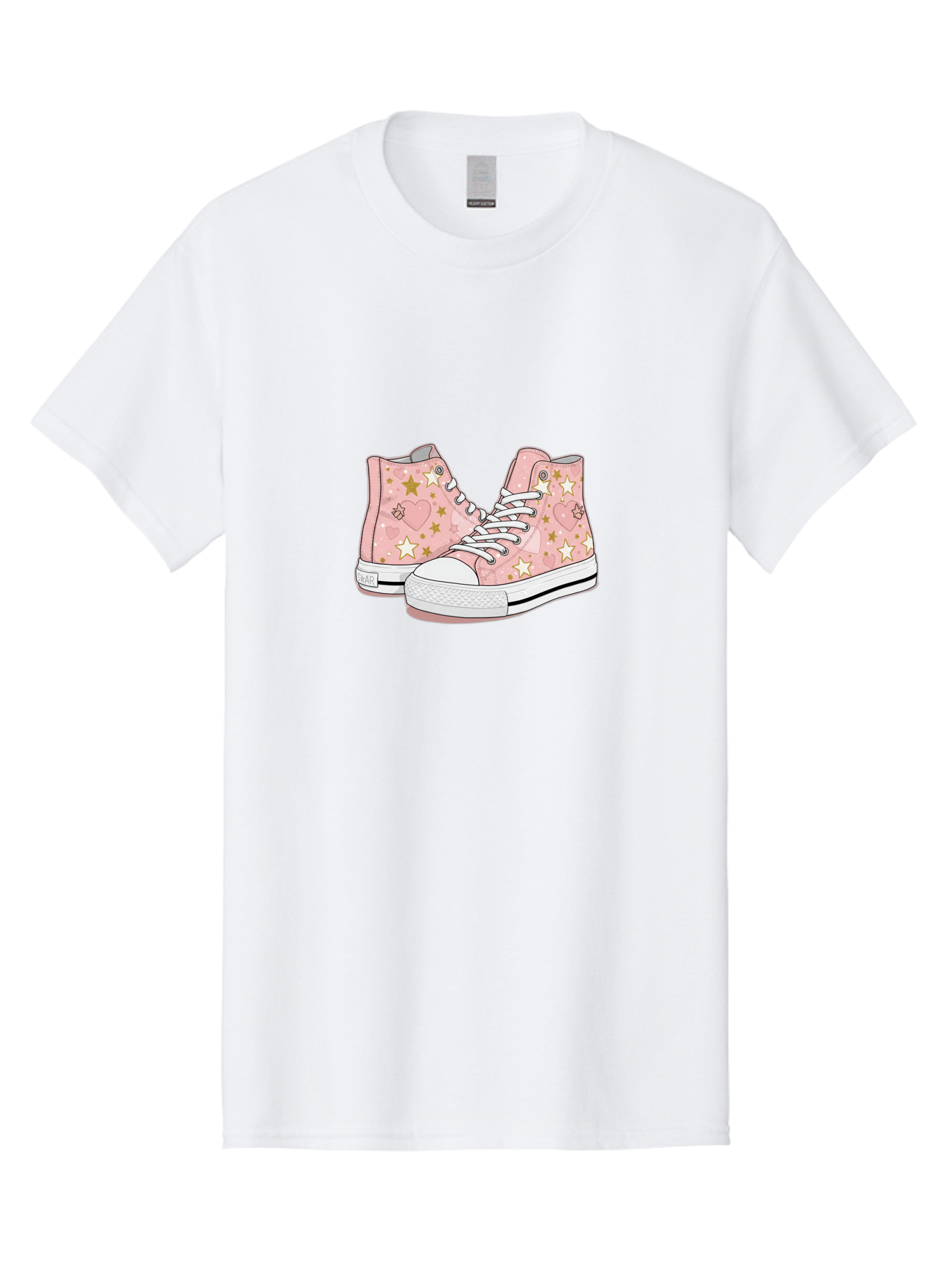 Pink-Star-Converse Men'S Graphic Tee, 100% Cotton, Comfortable Casual Summer Wear, Machine Washable, Pink Converse Sneakers, Star Pattern, Heart Design, White Laces, Fashion Footwear, Casual Style, Sneakers With Hearts, Star-Themed Shoes, Bab194
