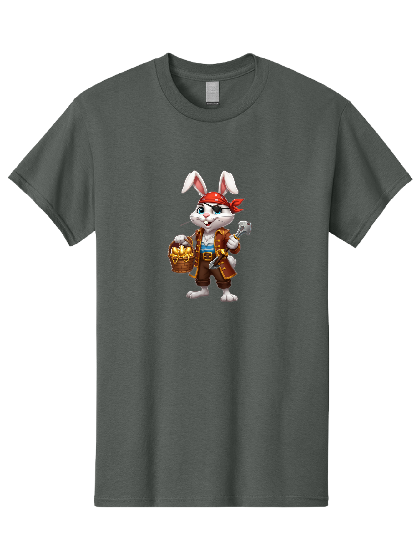 Pirate-Bunny Men'S Graphic Tee, 100% Cotton, Comfortable Casual Summer Wear, Machine Washable, Cartoon Rabbit, Pirate Costume, Red Bandana, Treasure Basket, Golden Eggs, Pirate Hat, Swashbuckling Adventure, Playful Pirate, Fantasy Character, Bab196