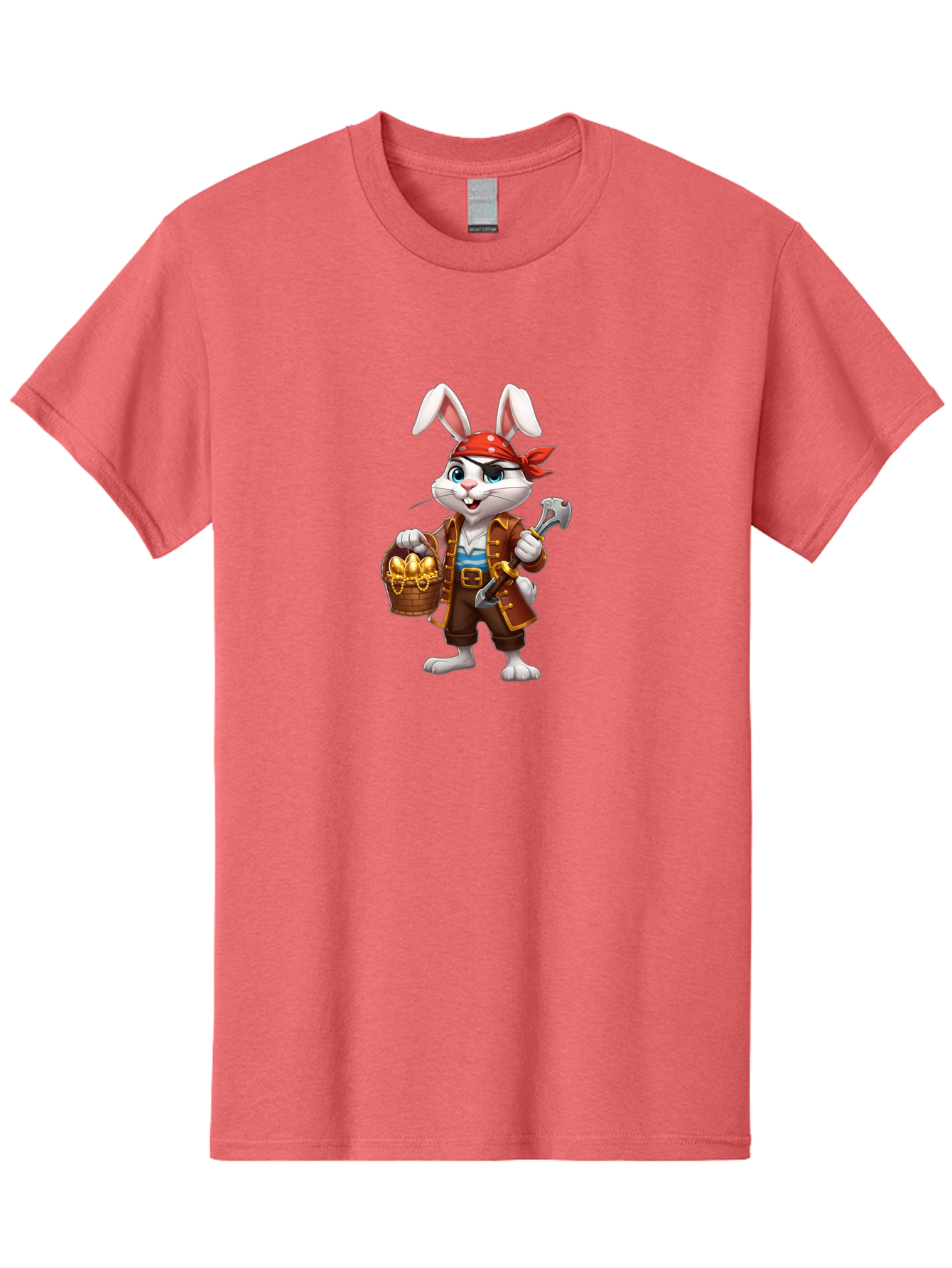 Pirate-Bunny Men'S Graphic Tee, 100% Cotton, Comfortable Casual Summer Wear, Machine Washable, Cartoon Rabbit, Pirate Costume, Red Bandana, Treasure Basket, Golden Eggs, Pirate Hat, Swashbuckling Adventure, Playful Pirate, Fantasy Character, Bab196