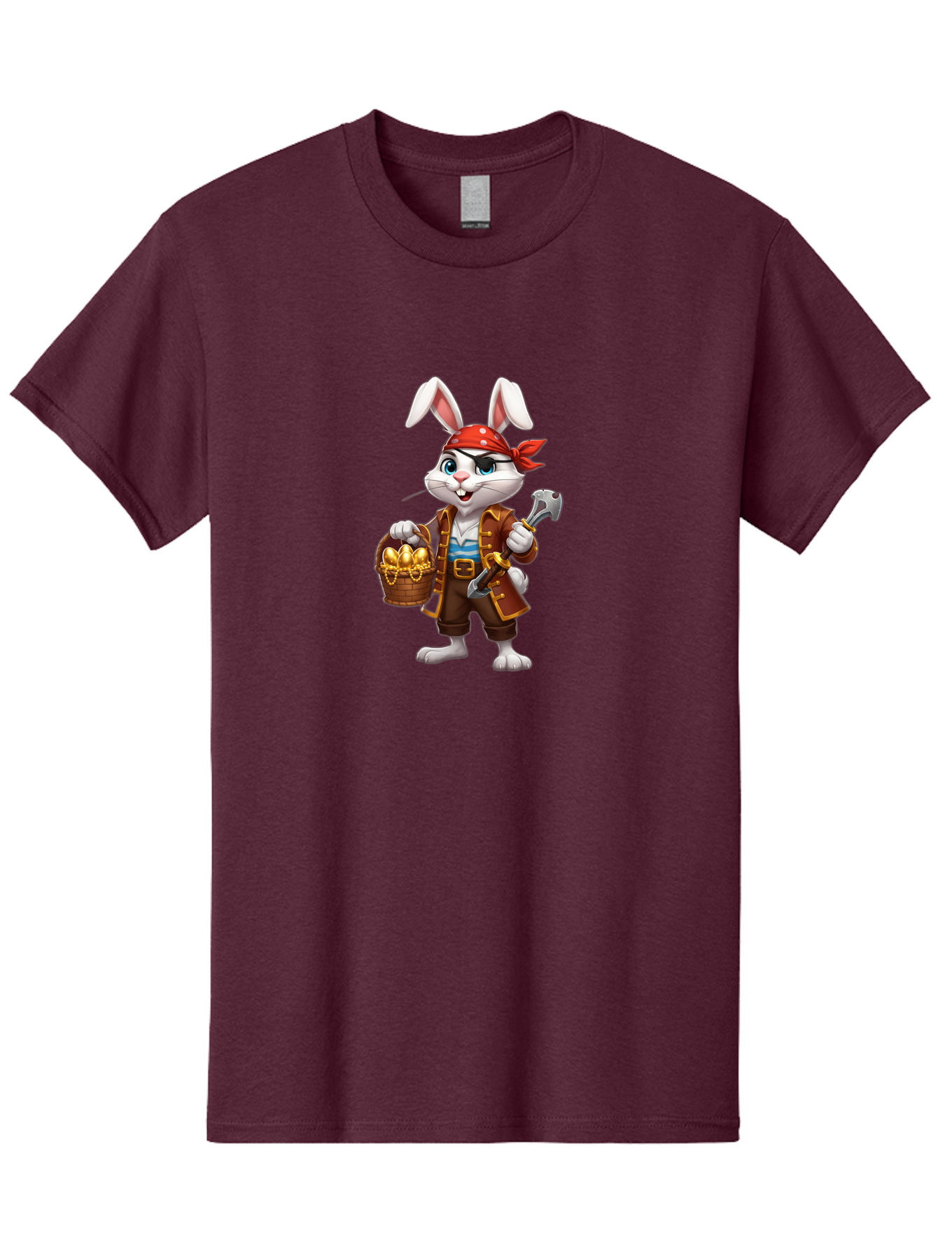 Pirate-Bunny Men'S Graphic Tee, 100% Cotton, Comfortable Casual Summer Wear, Machine Washable, Cartoon Rabbit, Pirate Costume, Red Bandana, Treasure Basket, Golden Eggs, Pirate Hat, Swashbuckling Adventure, Playful Pirate, Fantasy Character, Bab196