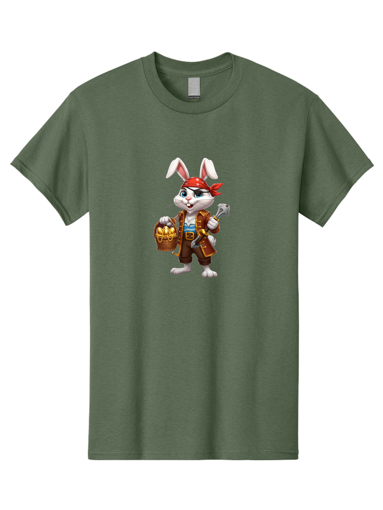 Pirate-Bunny Men'S Graphic Tee, 100% Cotton, Comfortable Casual Summer Wear, Machine Washable, Cartoon Rabbit, Pirate Costume, Red Bandana, Treasure Basket, Golden Eggs, Pirate Hat, Swashbuckling Adventure, Playful Pirate, Fantasy Character, Bab196