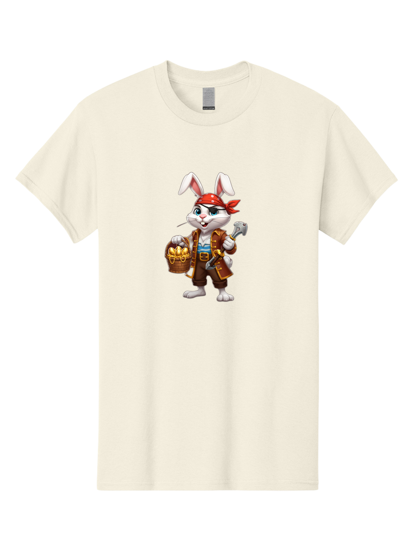Pirate-Bunny Men'S Graphic Tee, 100% Cotton, Comfortable Casual Summer Wear, Machine Washable, Cartoon Rabbit, Pirate Costume, Red Bandana, Treasure Basket, Golden Eggs, Pirate Hat, Swashbuckling Adventure, Playful Pirate, Fantasy Character, Bab196