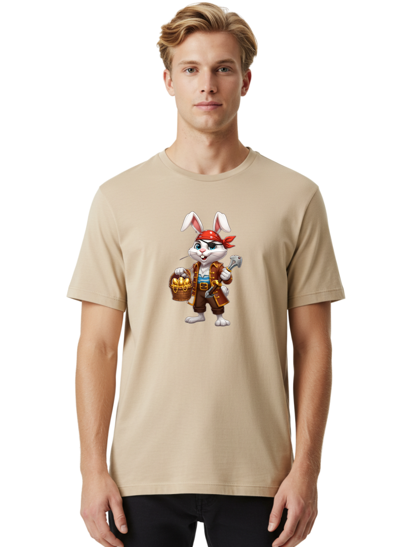 Pirate-Bunny Men'S Graphic Tee, 100% Cotton, Comfortable Casual Summer Wear, Machine Washable, Cartoon Rabbit, Pirate Costume, Red Bandana, Treasure Basket, Golden Eggs, Pirate Hat, Swashbuckling Adventure, Playful Pirate, Fantasy Character, Bab196