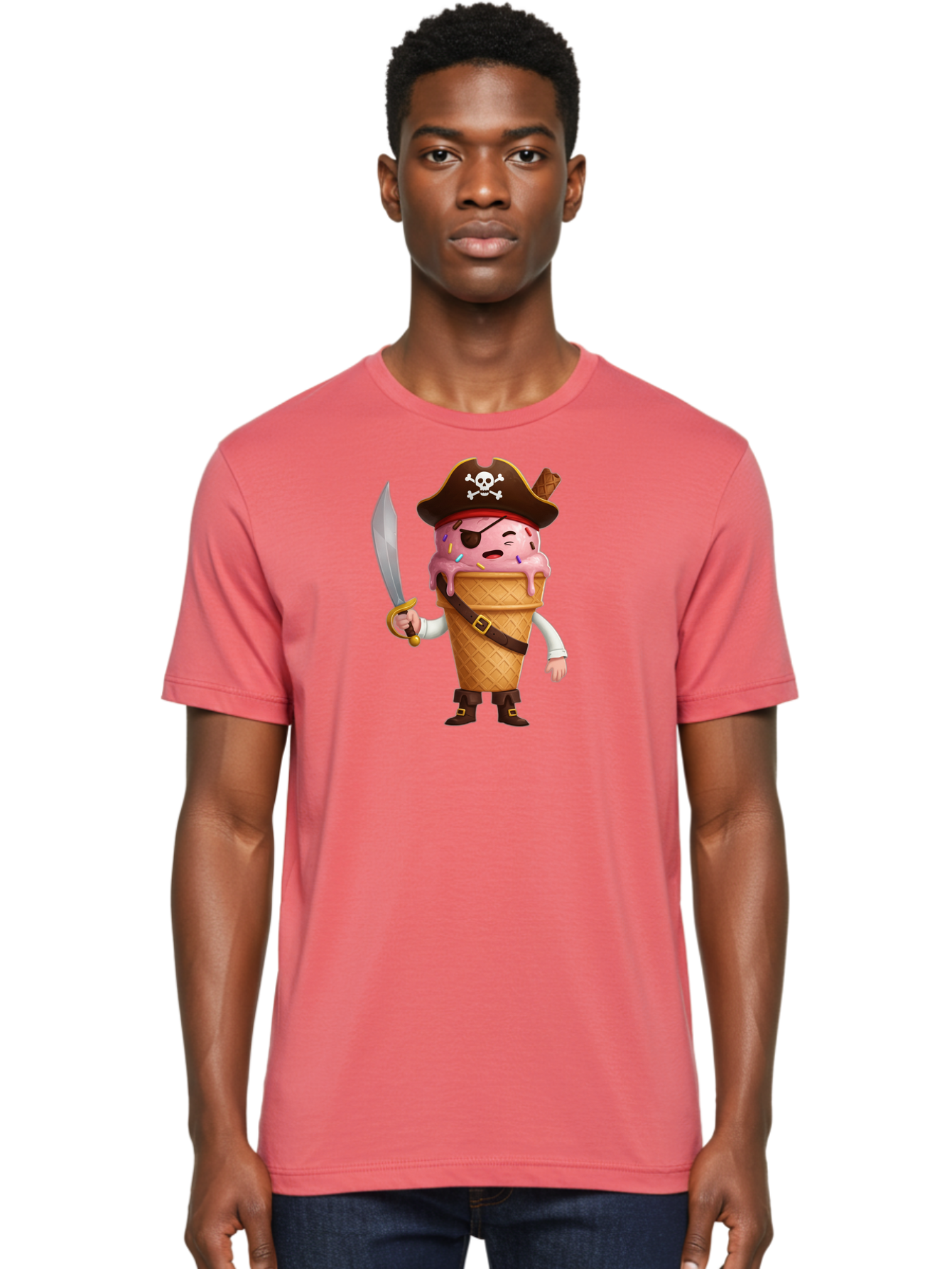 Pirate-Ice-Cream Men'S Graphic Tee, 100% Cotton, Comfortable Casual Summer Wear, Machine Washable, Pirate Ice Cream, Swashbuckling Dessert, Ice Cream Cone Pirate, Sweet Treats, Colorful Sprinkles, Pirate Hat, Eye Patch, Sword, Bab197