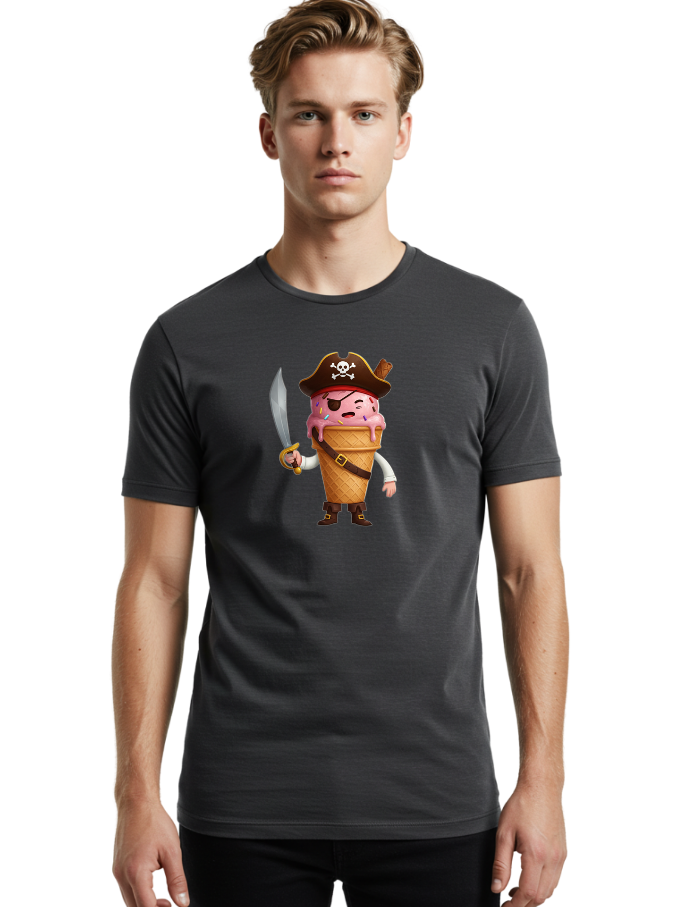 Pirate-Ice-Cream Men'S Graphic Tee, 100% Cotton, Comfortable Casual Summer Wear, Machine Washable, Pirate Ice Cream, Swashbuckling Dessert, Ice Cream Cone Pirate, Sweet Treats, Colorful Sprinkles, Pirate Hat, Eye Patch, Sword, Bab197