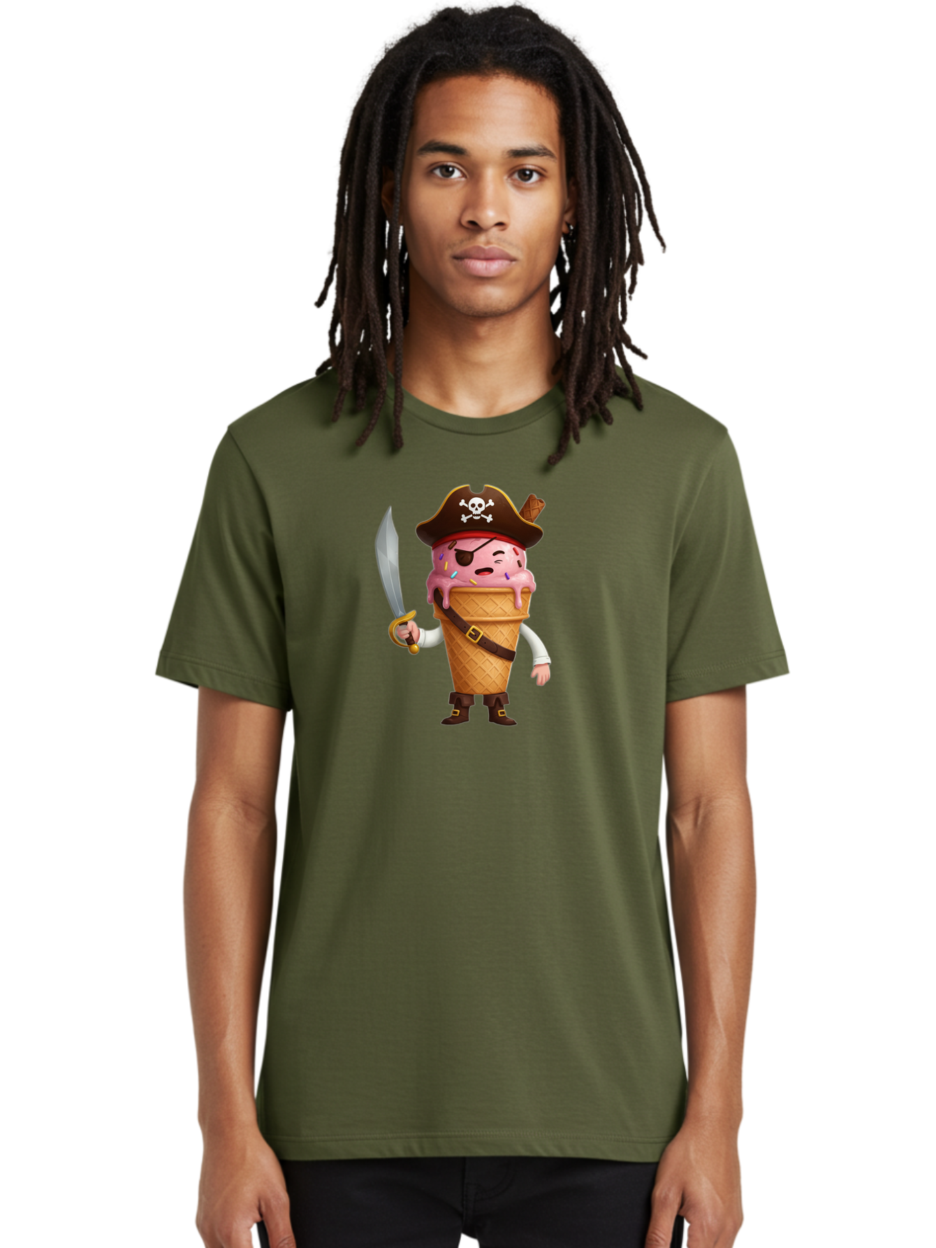 Pirate-Ice-Cream Men'S Graphic Tee, 100% Cotton, Comfortable Casual Summer Wear, Machine Washable, Pirate Ice Cream, Swashbuckling Dessert, Ice Cream Cone Pirate, Sweet Treats, Colorful Sprinkles, Pirate Hat, Eye Patch, Sword, Bab197