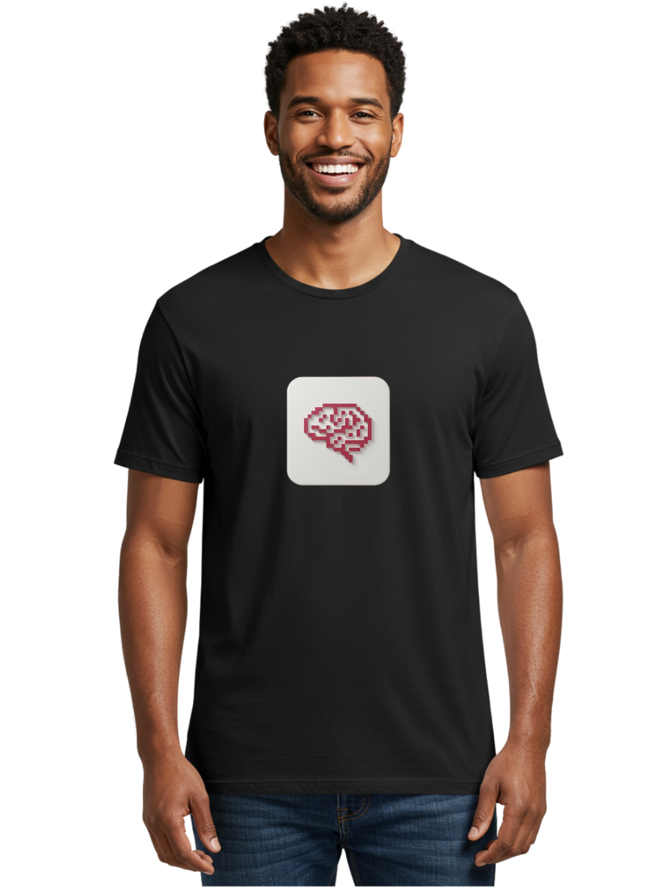 Pixel-Brain Men'S Graphic Tee, 100% Cotton, Comfortable Casual Summer Wear, Machine Washable, Pixel Art Brain, Red Outline, White Background, Rounded Square, Digital Art, Cognitive Icon, Pixelated Design, Brain Illustration, Tech-Inspired Art Bab199