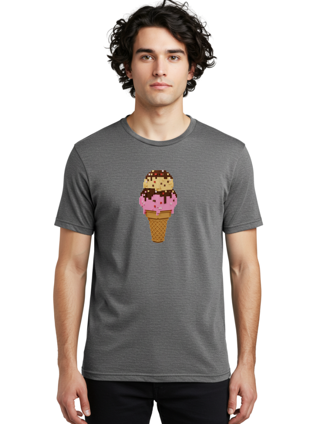 Pixelated-Ice-Cream Men'S Graphic Tee, 100% Cotton, Comfortable Casual Summer Wear, Machine Washable, Pixel Art Ice Cream, Digital Dessert, Sweet Treat, Colorful Sprinkles, Chocolate Sauce, Vanilla And Strawberry Ice Cream, Melting Ice Cream, Bab202