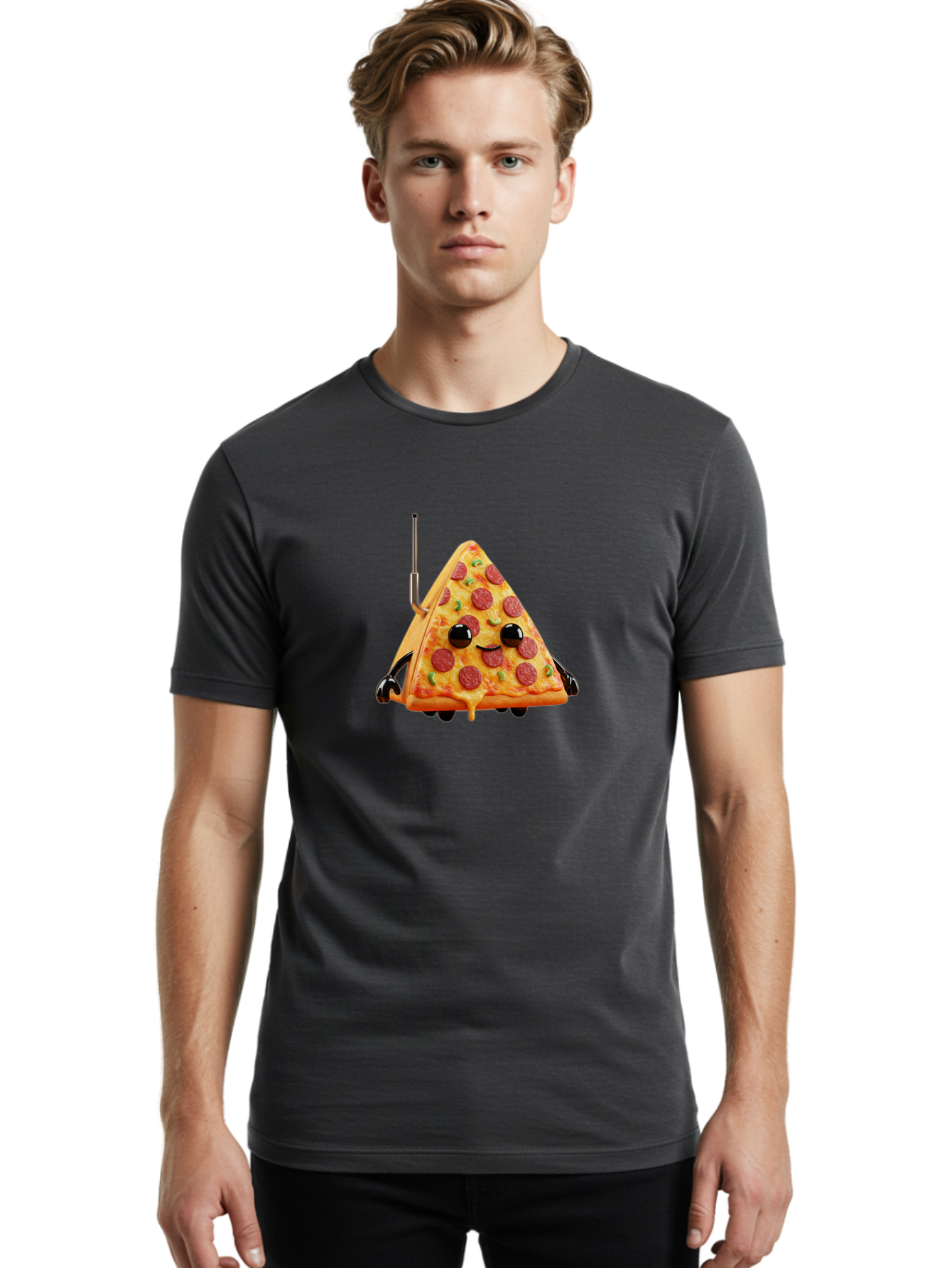 Pizza-Slice-Robot Men'S Graphic Tee, 100% Cotton, Comfortable Casual Summer Wear, Machine Washable, Pepperoni Pizza Slice, Cartoon Character, Robot Arms, Green Herbs, Melted Cheese, Foodie Fun, Animated Food, Robot Pizza Bab205