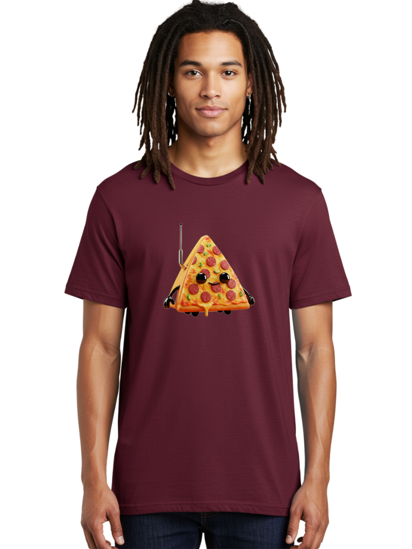Pizza-Slice-Robot Men'S Graphic Tee, 100% Cotton, Comfortable Casual Summer Wear, Machine Washable, Pepperoni Pizza Slice, Cartoon Character, Robot Arms, Green Herbs, Melted Cheese, Foodie Fun, Animated Food, Robot Pizza Bab205