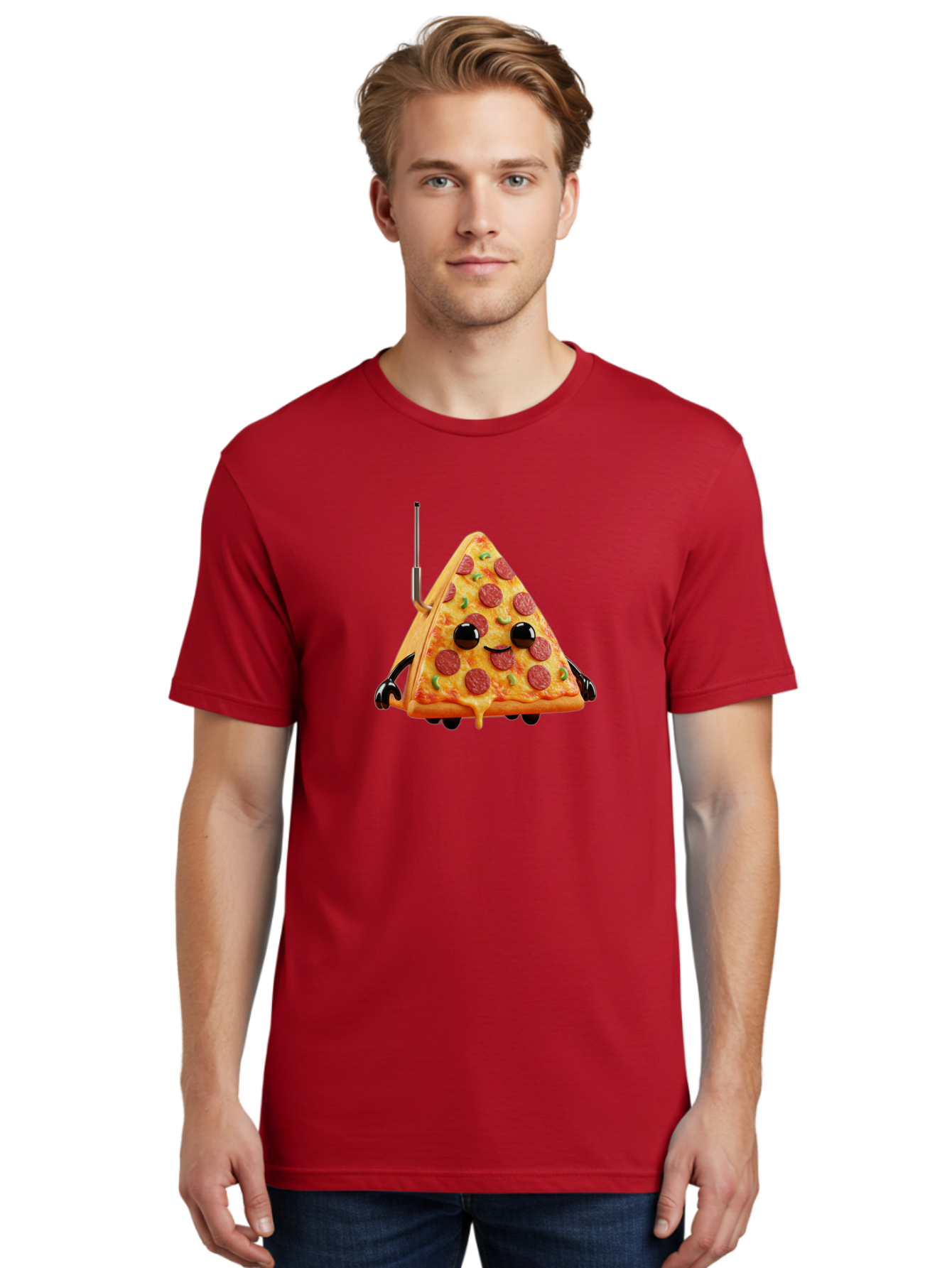 Pizza-Slice-Robot Men'S Graphic Tee, 100% Cotton, Comfortable Casual Summer Wear, Machine Washable, Pepperoni Pizza Slice, Cartoon Character, Robot Arms, Green Herbs, Melted Cheese, Foodie Fun, Animated Food, Robot Pizza Bab205