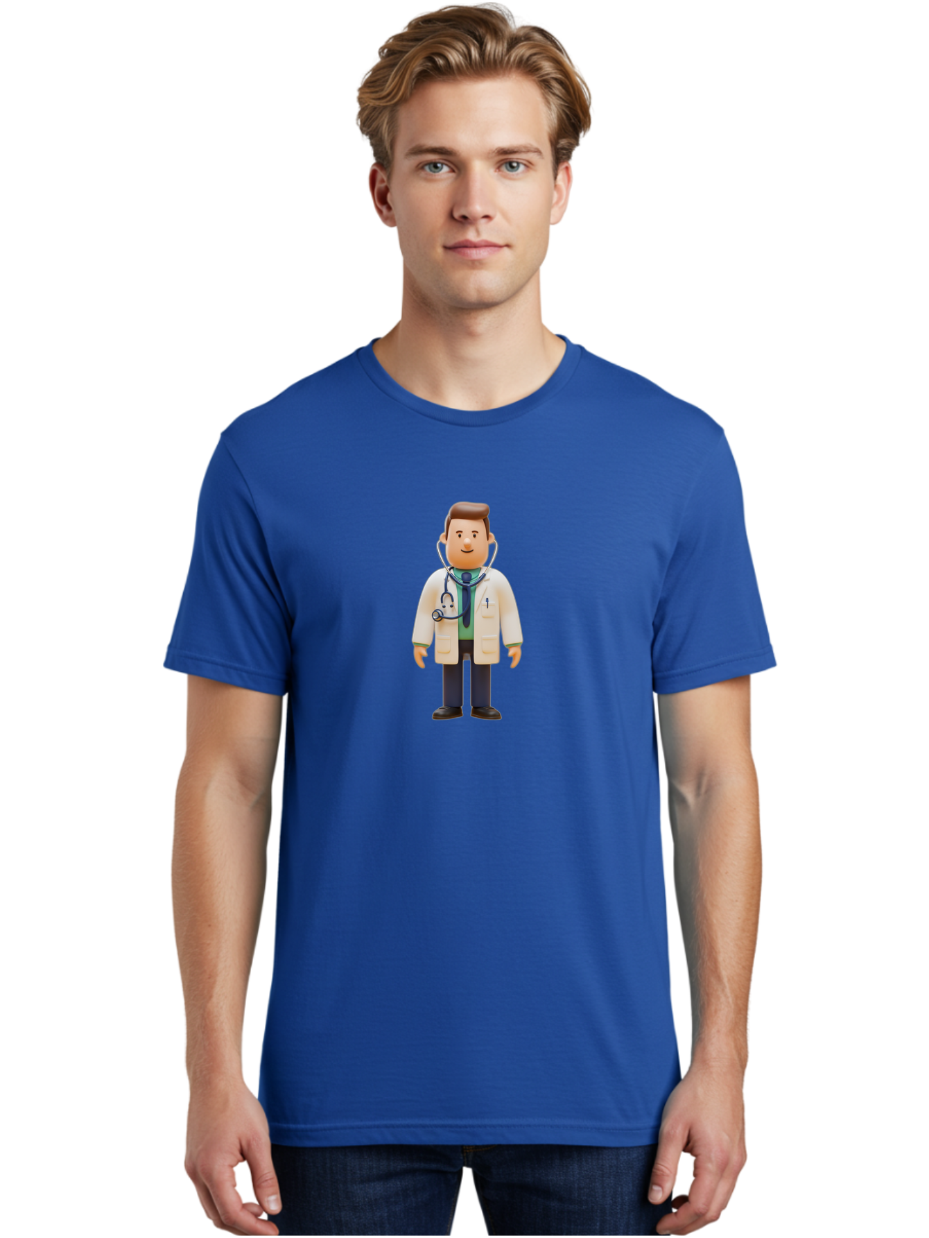 Playmobil-Doctor Men'S Graphic Tee, 100% Cotton, Comfortable Casual Summer Wear, Machine Washable, Cartoon Doctor, Medical Professional, Stethoscope Around Neck, White Lab Coat, Blue Tie, Playmobil Figure, Medical Illustration, Bab209